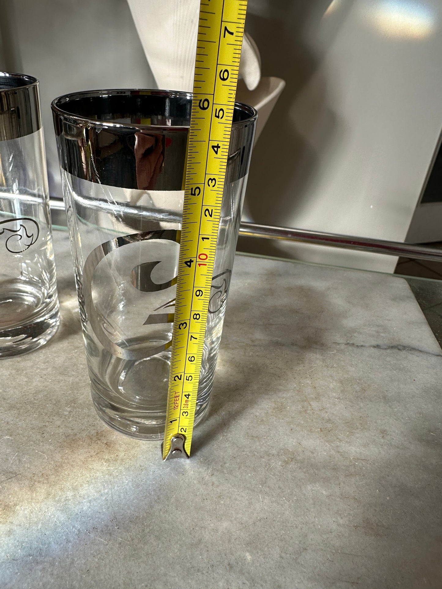 Dorothy Thorpe Style Highball Glasses: Platinum Band Monogram 'G' - Set of 2