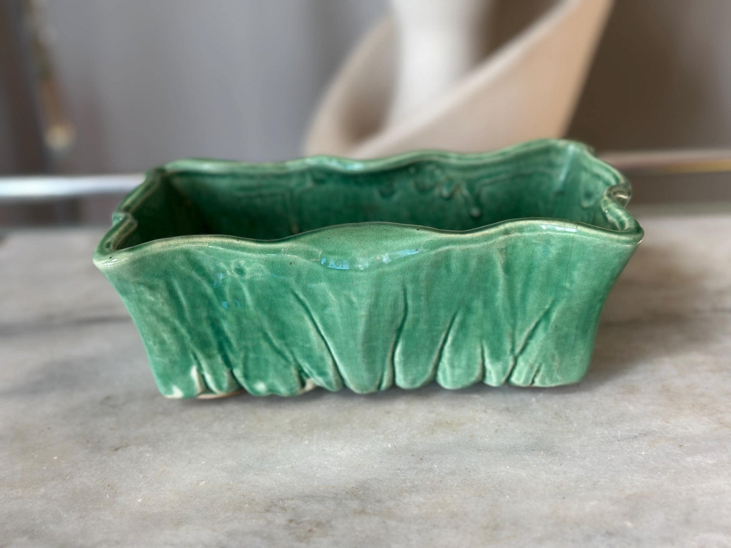 McCoy Green Rectangular Pottery Planter Signed Made in USA, 7 3/4x4x2 3/4 inch