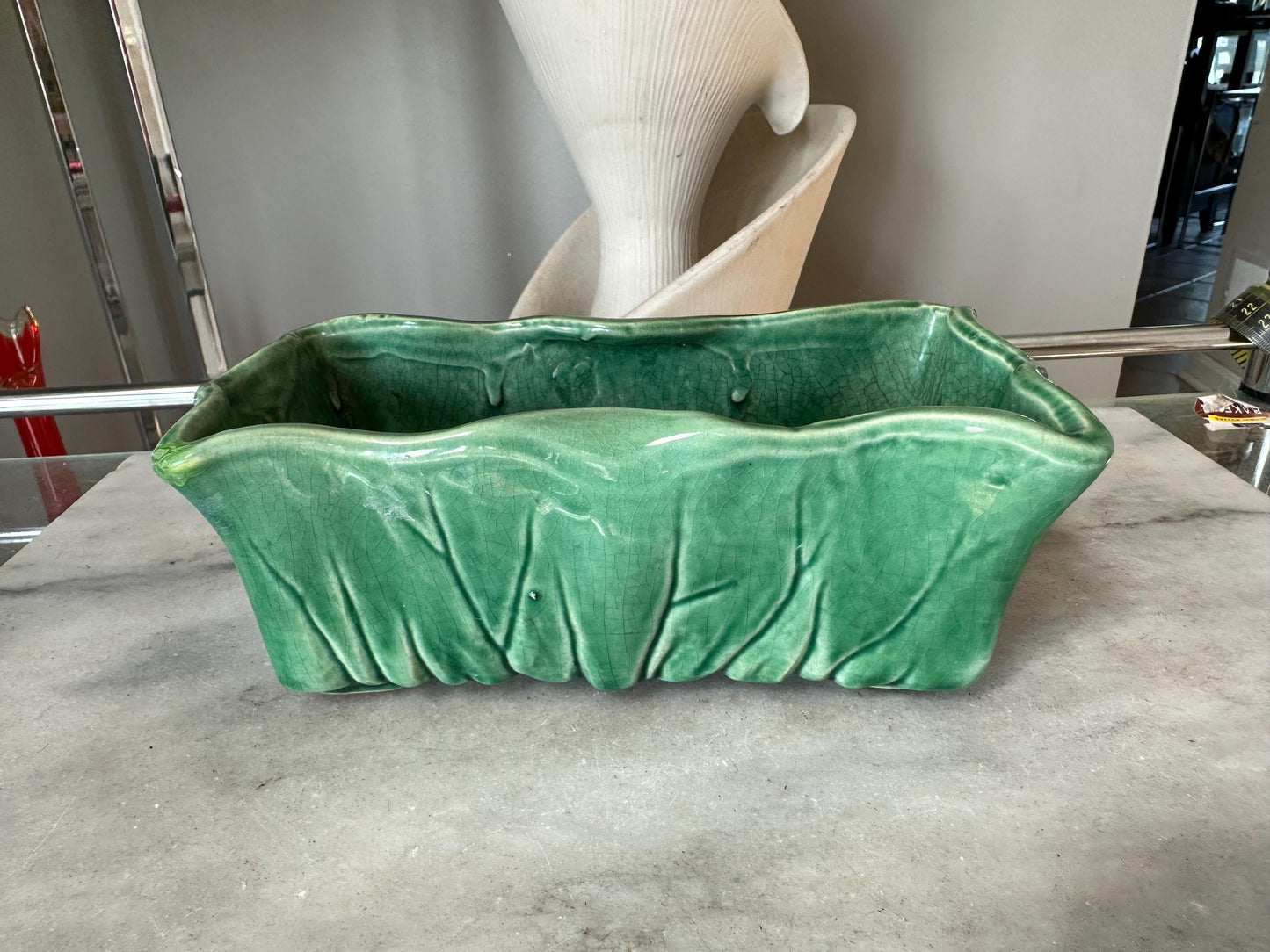 McCoy Green Rectangular Pottery Planter Signed Made in USA, 7 3/4x4x2 3/4 inch
