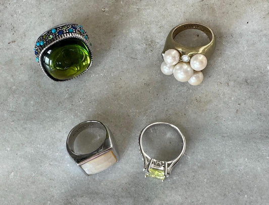 Lia Sophia Statement Ring Set: Green Glass, Pearl, Crystal - Size 6 & 7