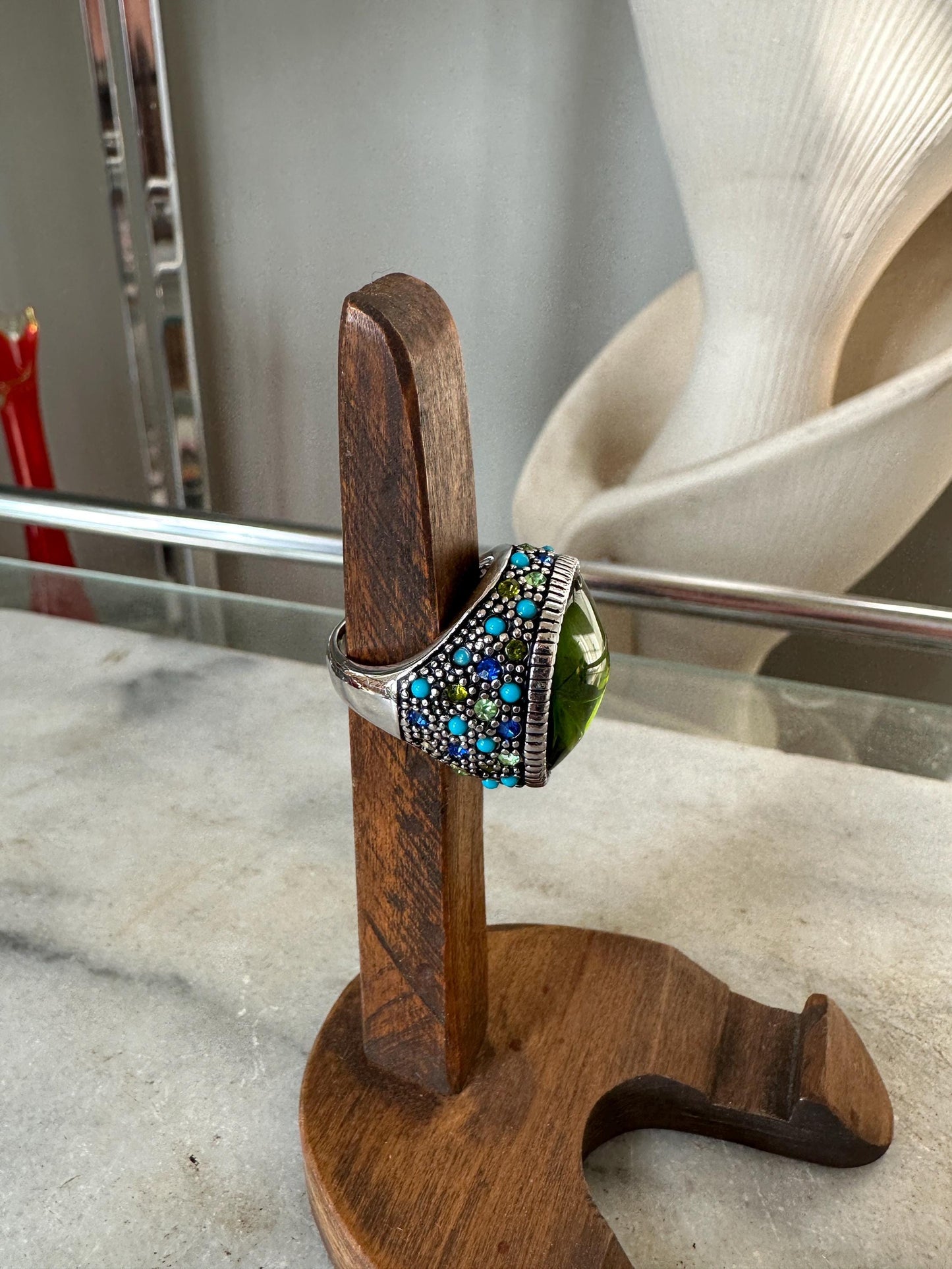 Lia Sophia Statement Ring Set: Green Glass, Pearl, Crystal - Size 6 & 7