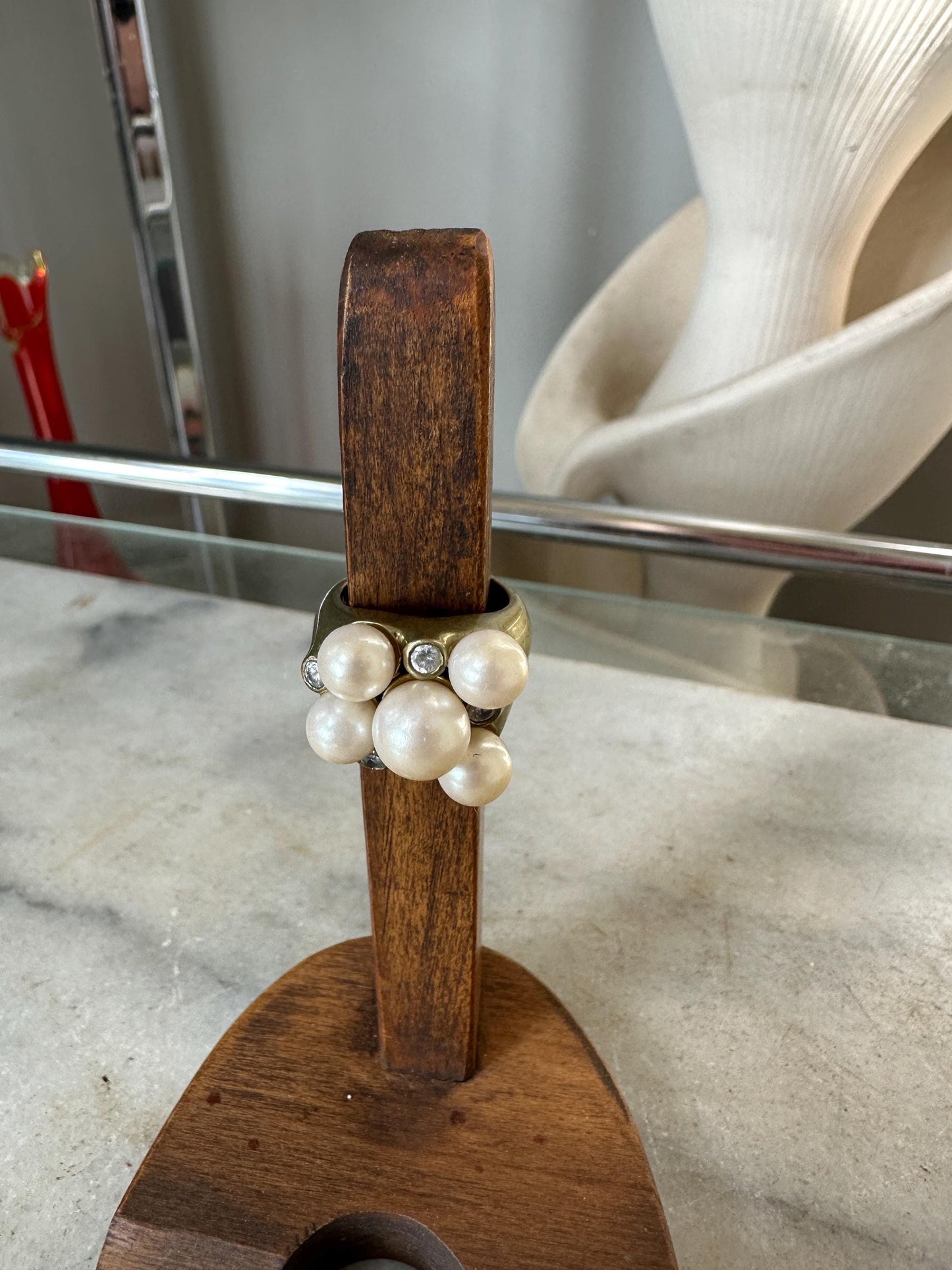 Lia Sophia Statement Ring Set: Green Glass, Pearl, Crystal - Size 6 & 7