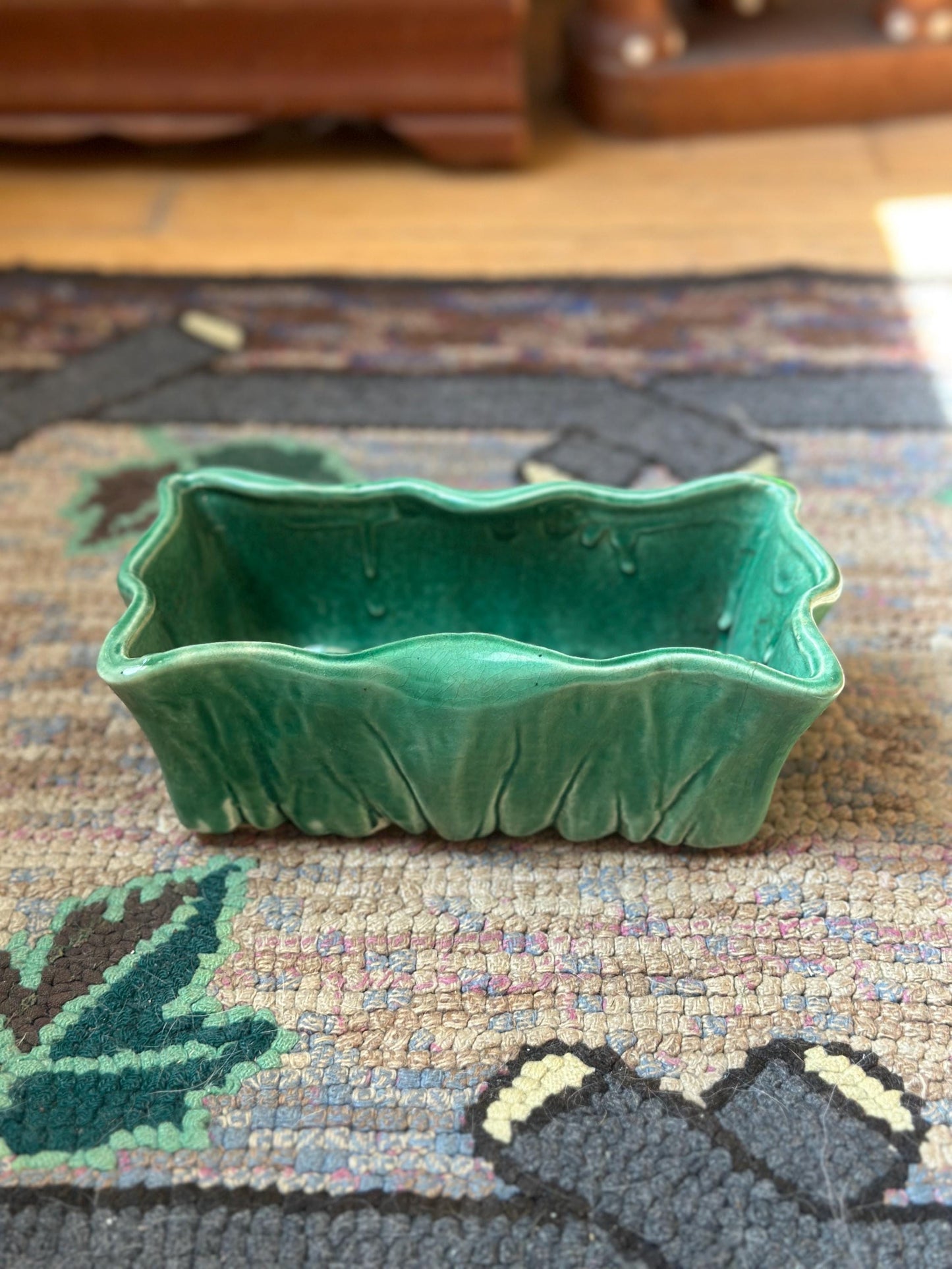 McCoy Green Rectangular Pottery Planter Signed Made in USA, 7 3/4x4x2 3/4 inch