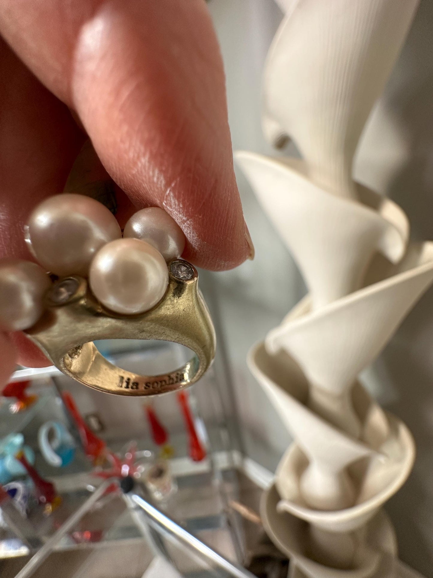 Lia Sophia Statement Ring Set: Green Glass, Pearl, Crystal - Size 6 & 7