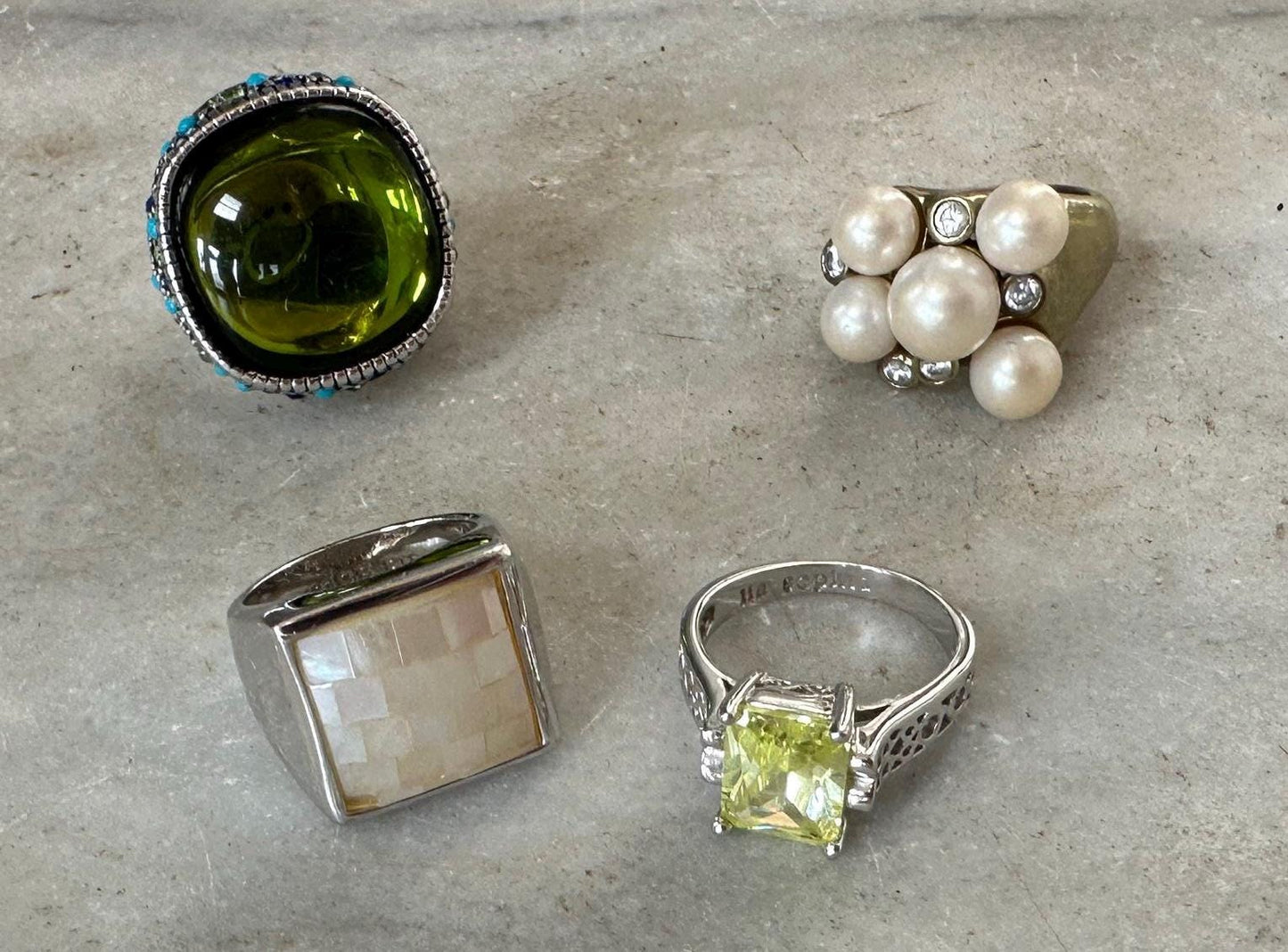 Lia Sophia Statement Ring Set: Green Glass, Pearl, Crystal - Size 6 & 7