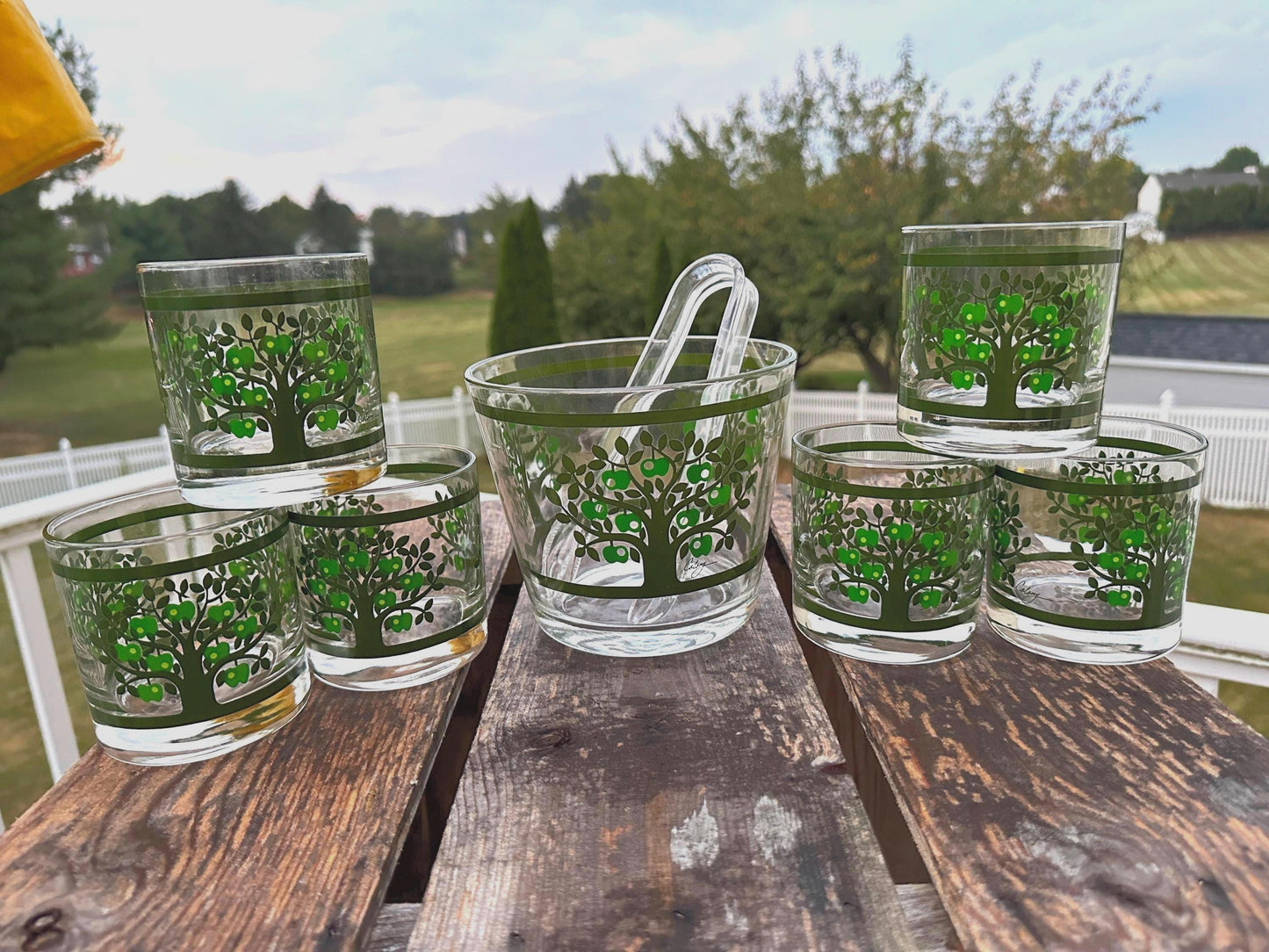 Vintage Colony Glass Ice Bucket Set: MCM Apple Tree Barware