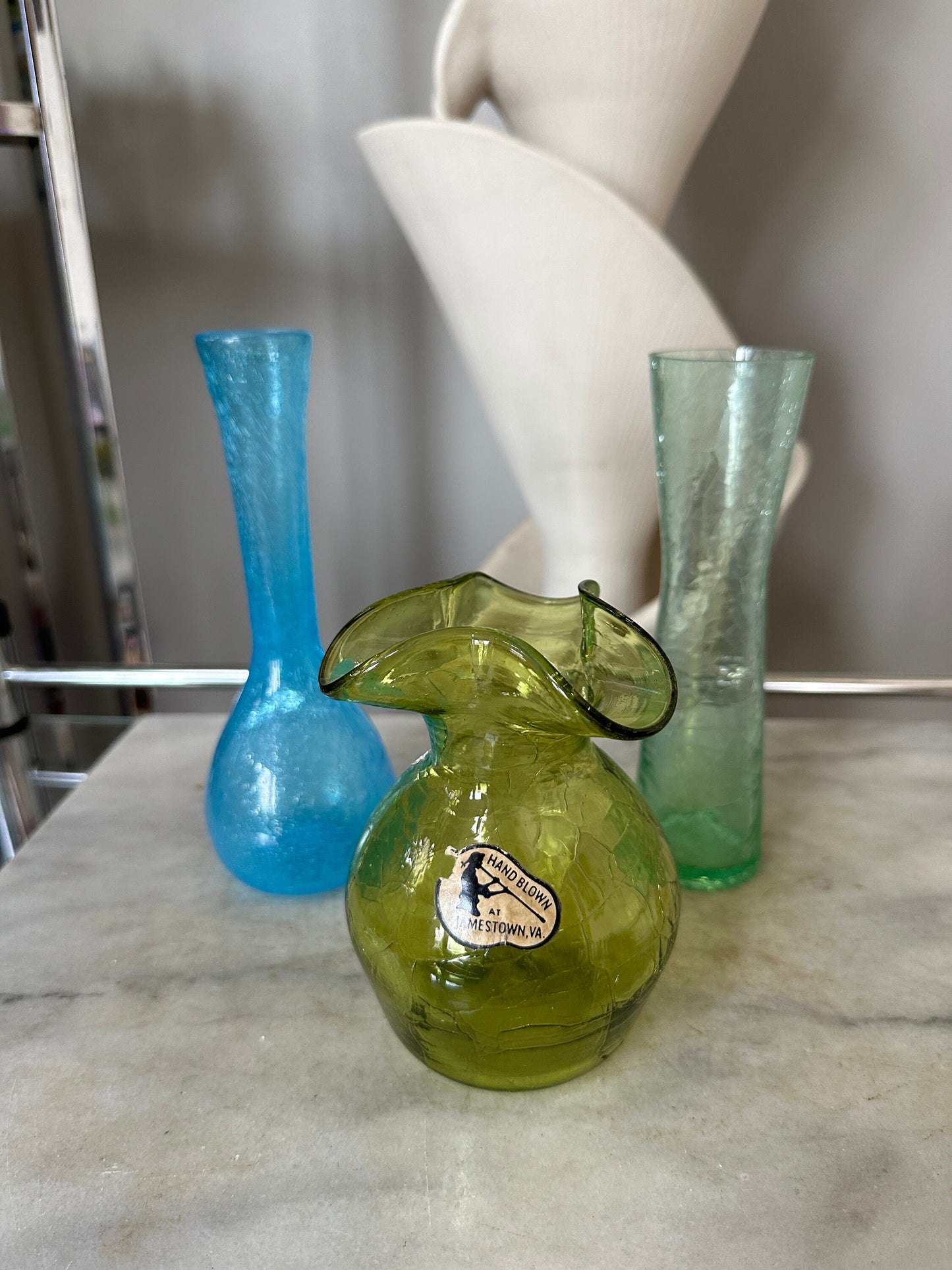 Vintage MCM Crackle Art Glass Vases: Hand Blown Jamestown VA Set