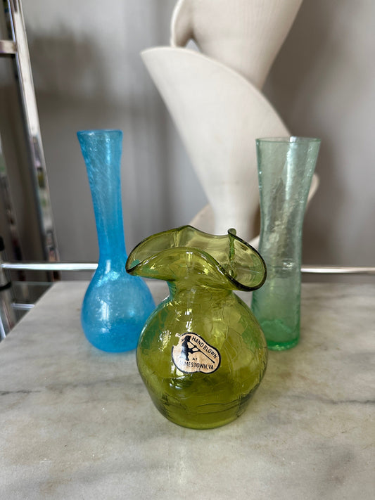 Vintage MCM Crackle Art Glass Vases: Hand Blown Jamestown VA Set