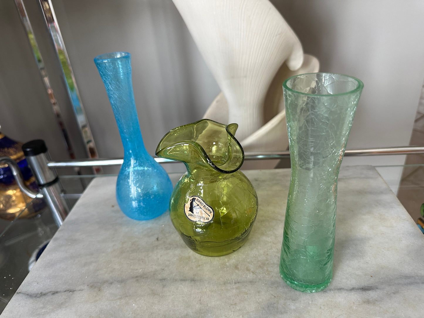 Vintage MCM Crackle Art Glass Vases: Hand Blown Jamestown VA Set