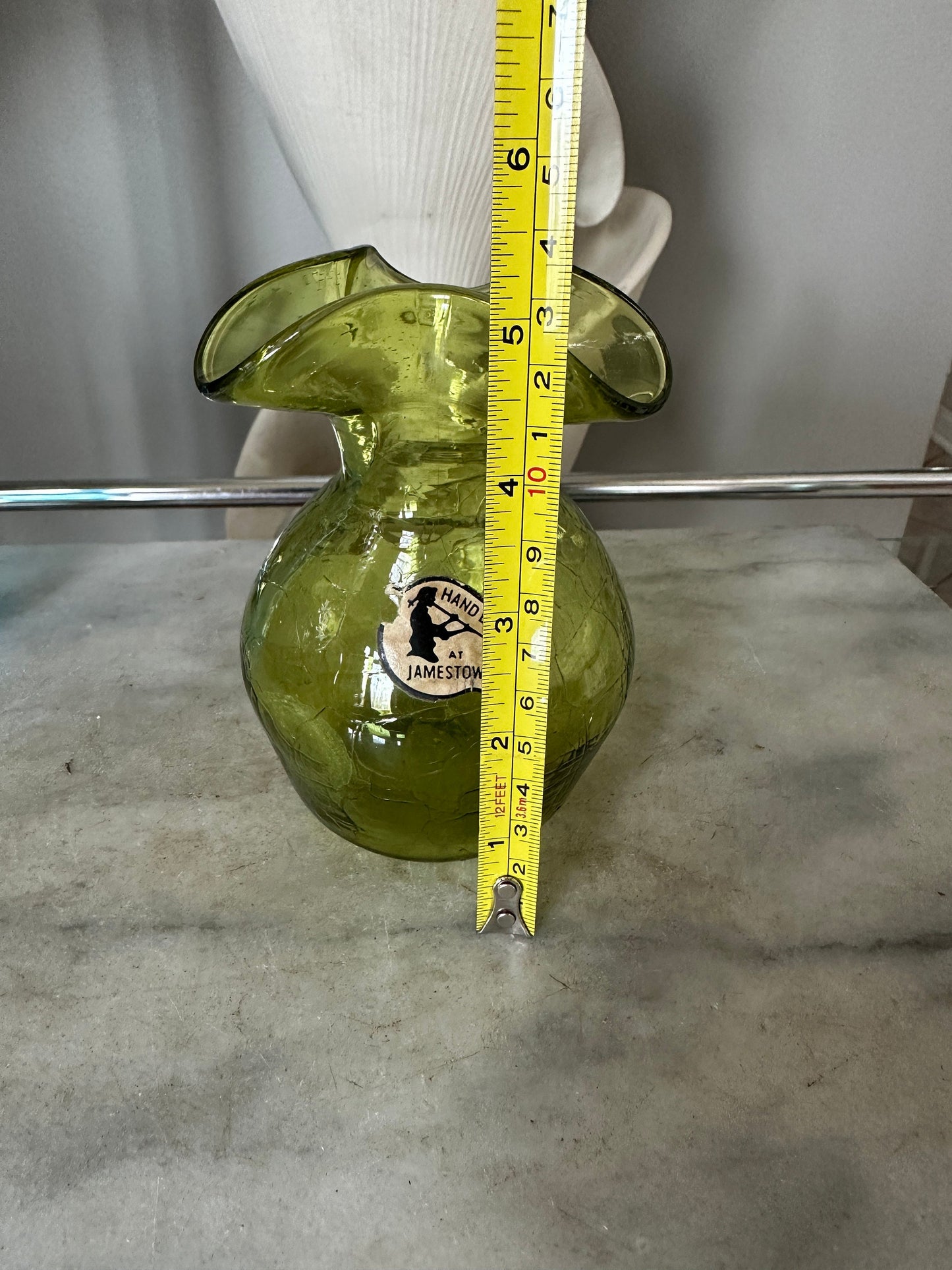 Vintage MCM Crackle Art Glass Vases: Hand Blown Jamestown VA Set