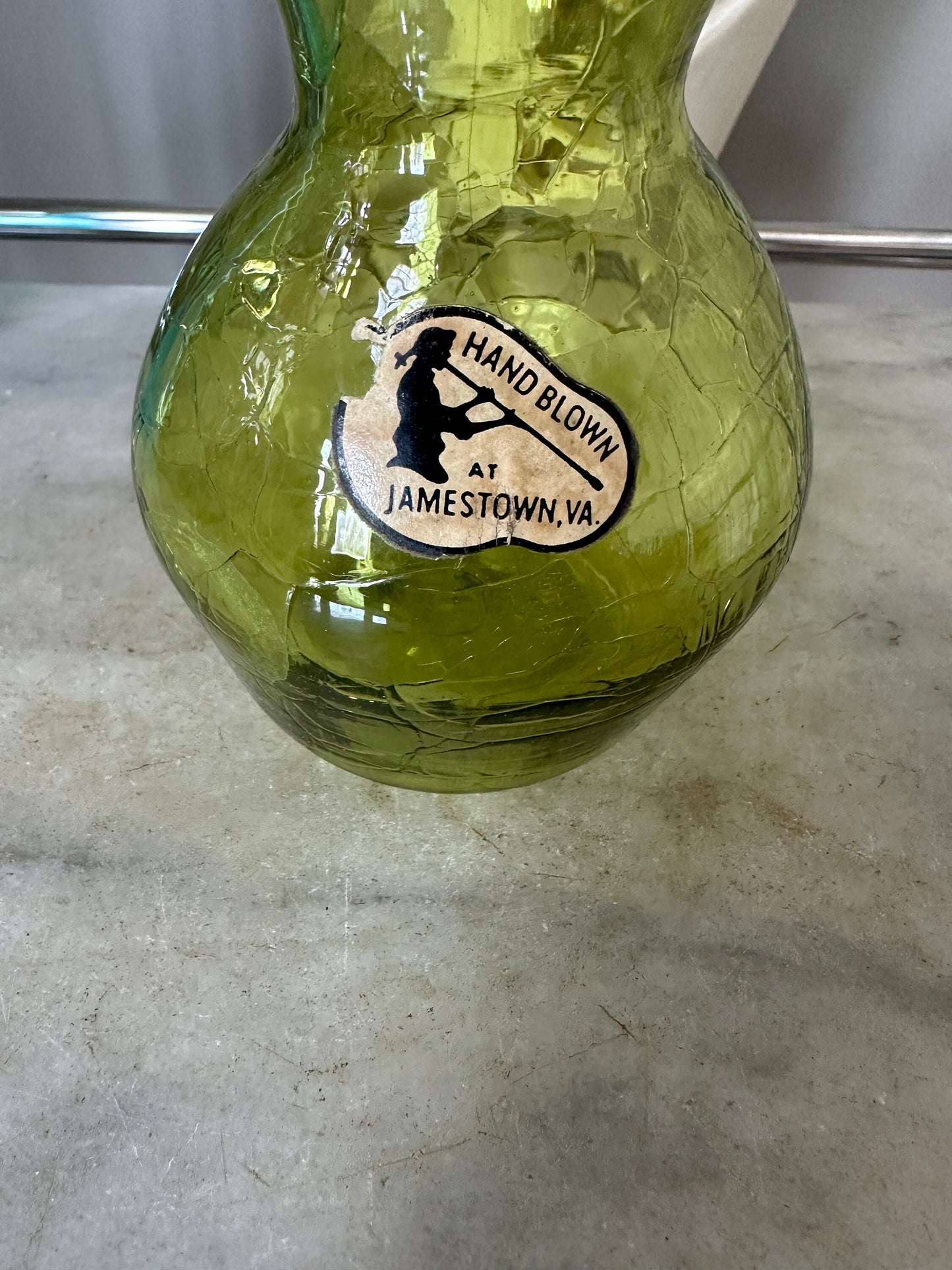 Vintage MCM Crackle Art Glass Vases: Hand Blown Jamestown VA Set