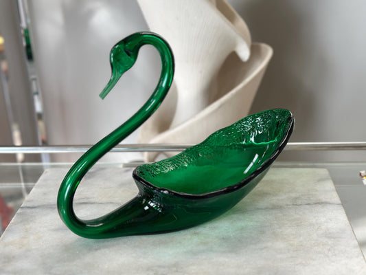 Mid-Century Viking Glass Swan Bowl: Emerald Green Art Glass Centerpiece