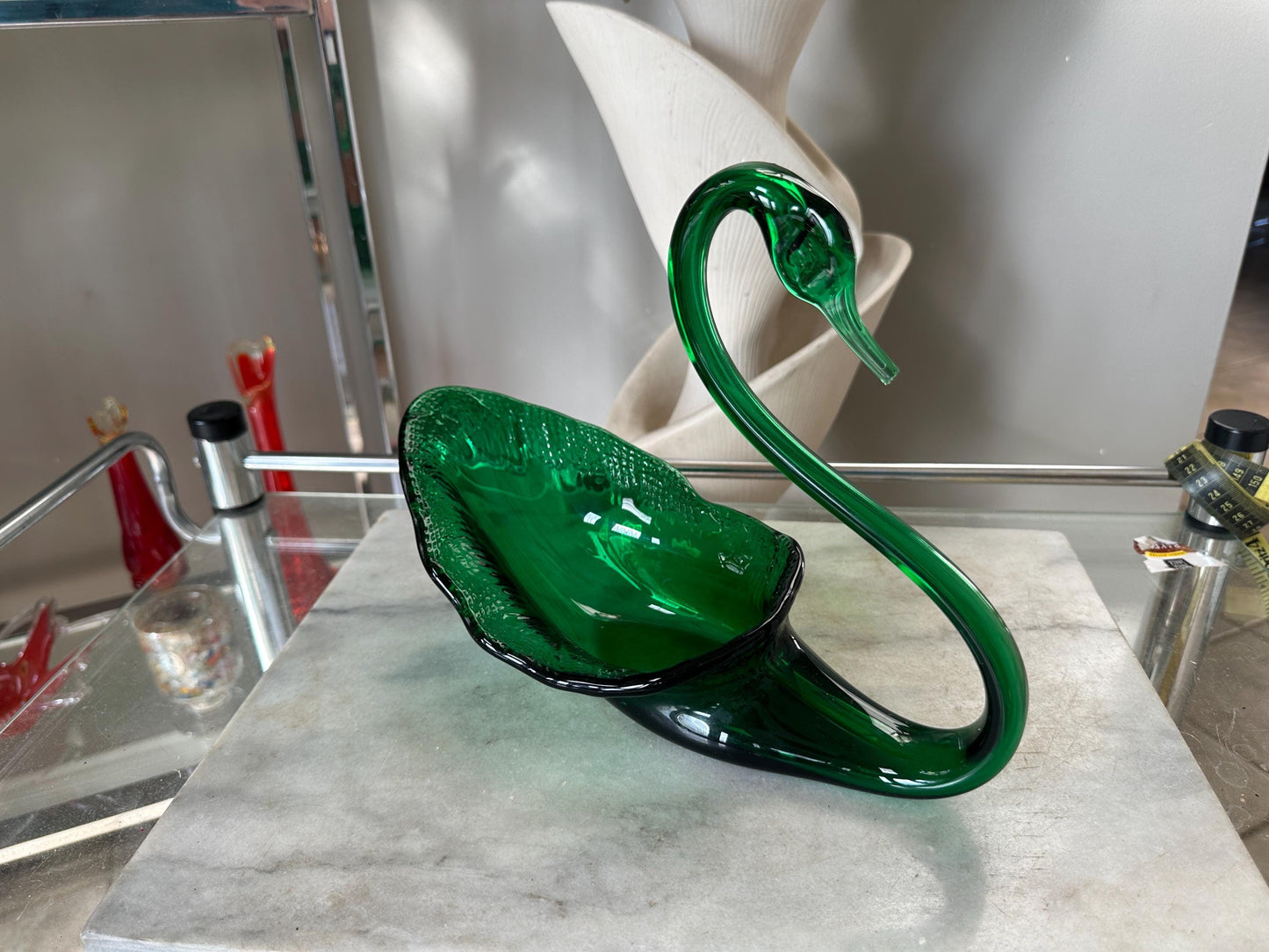 Mid-Century Viking Glass Swan Bowl: Emerald Green Art Glass Centerpiece