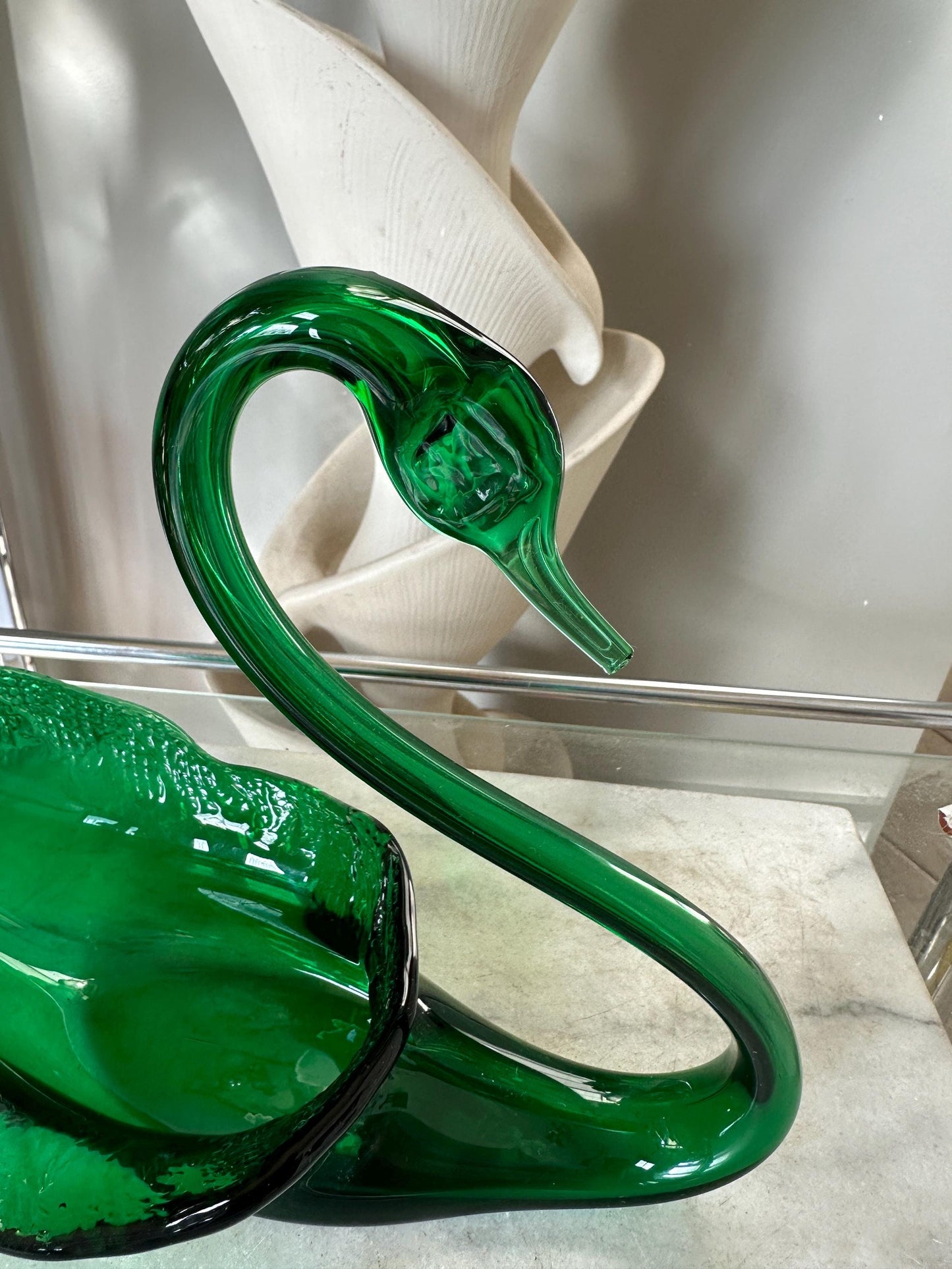 Mid-Century Viking Glass Swan Bowl: Emerald Green Art Glass Centerpiece