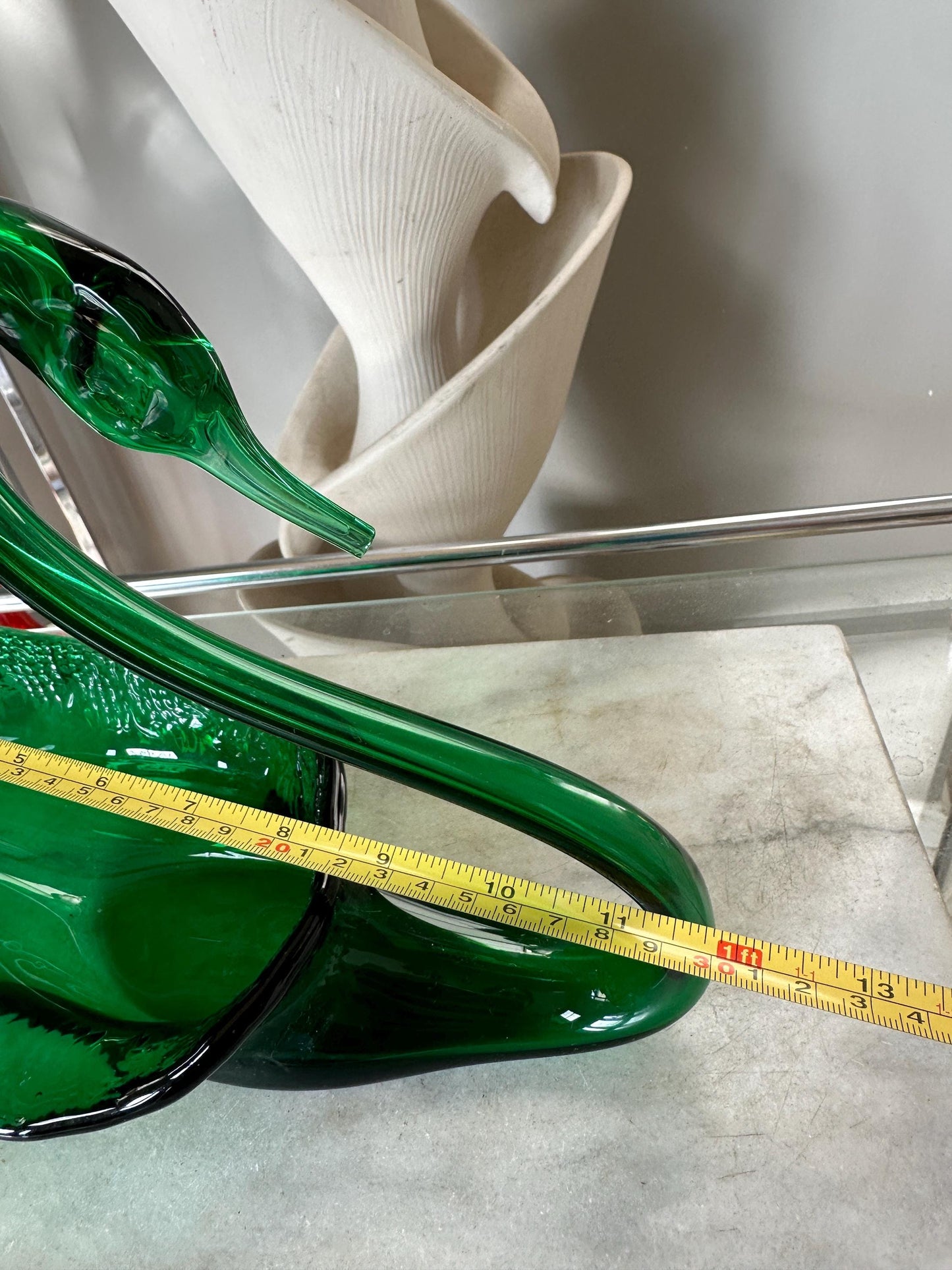 Mid-Century Viking Glass Swan Bowl: Emerald Green Art Glass Centerpiece