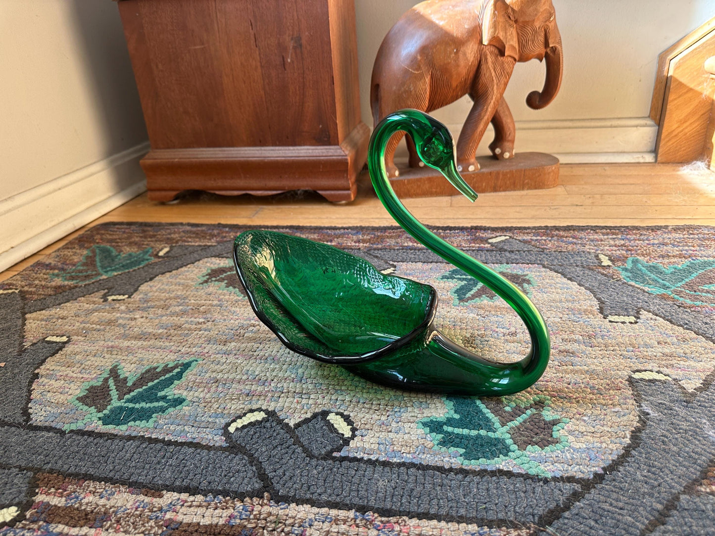 Mid-Century Viking Glass Swan Bowl: Emerald Green Art Glass Centerpiece