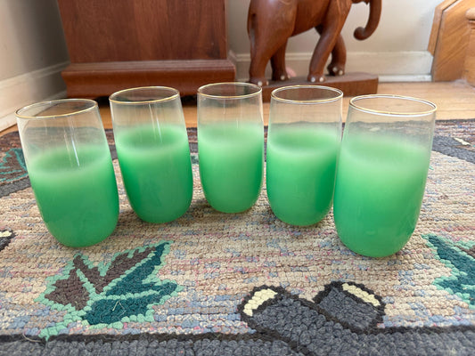 Vintage Blendo Green Frosted Tumblers: Gold Rim Barware, Set of 5