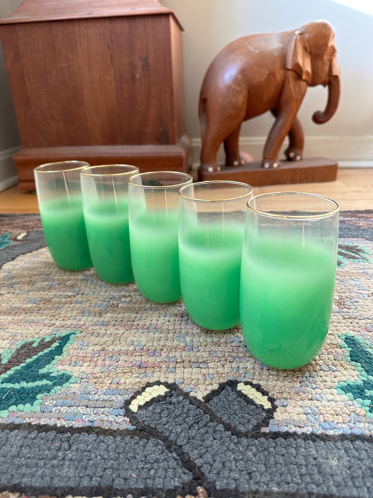 Vintage Blendo Green Frosted Tumblers: Gold Rim Barware, Set of 5
