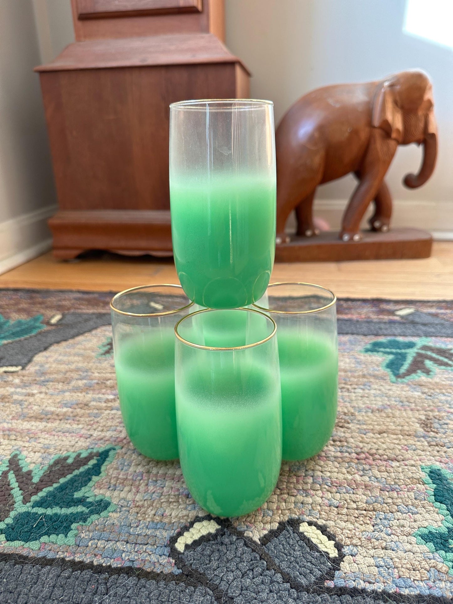 Vintage Blendo Green Frosted Tumblers: Gold Rim Barware, Set of 5
