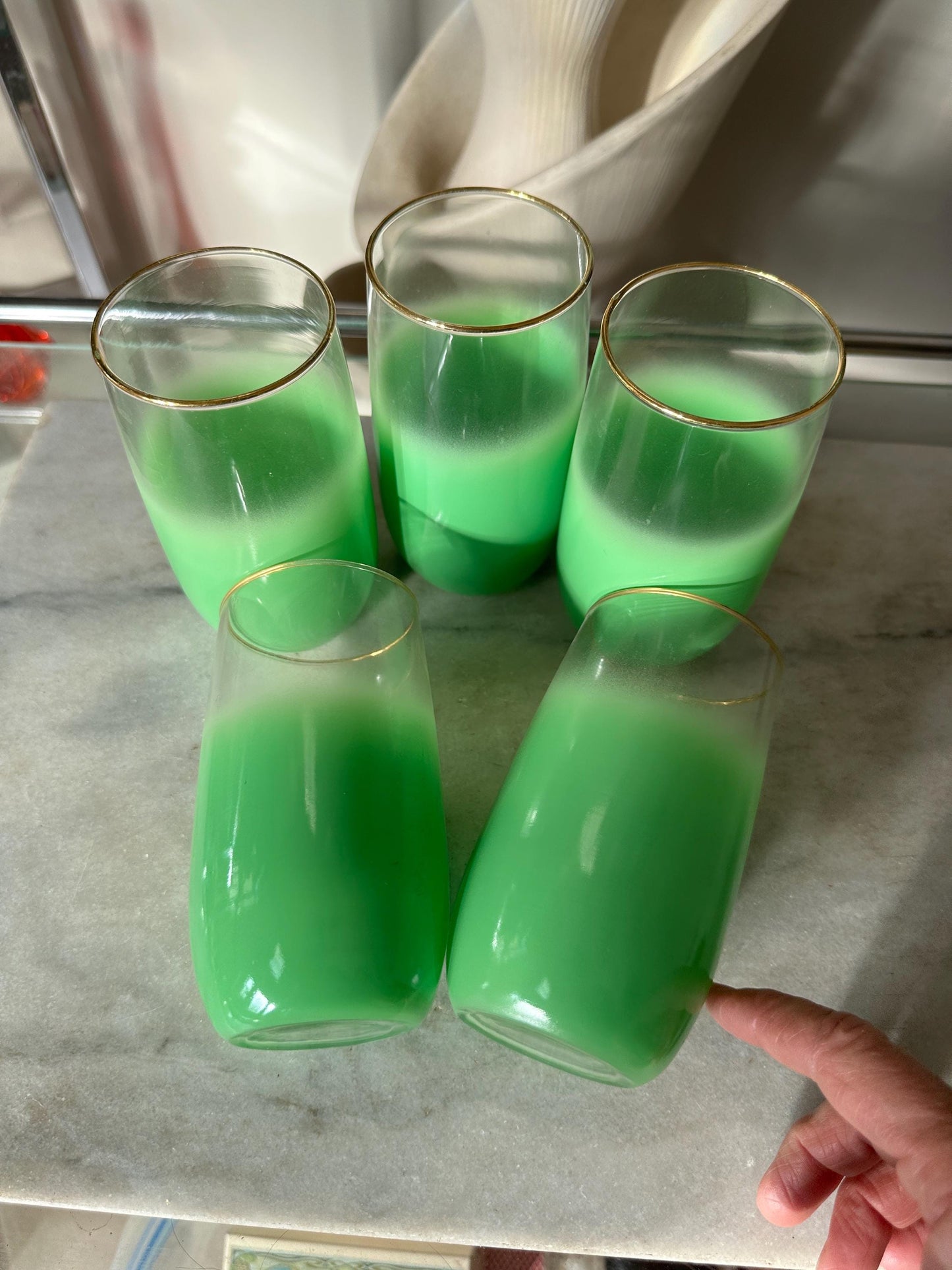 Vintage Blendo Green Frosted Tumblers: Gold Rim Barware, Set of 5