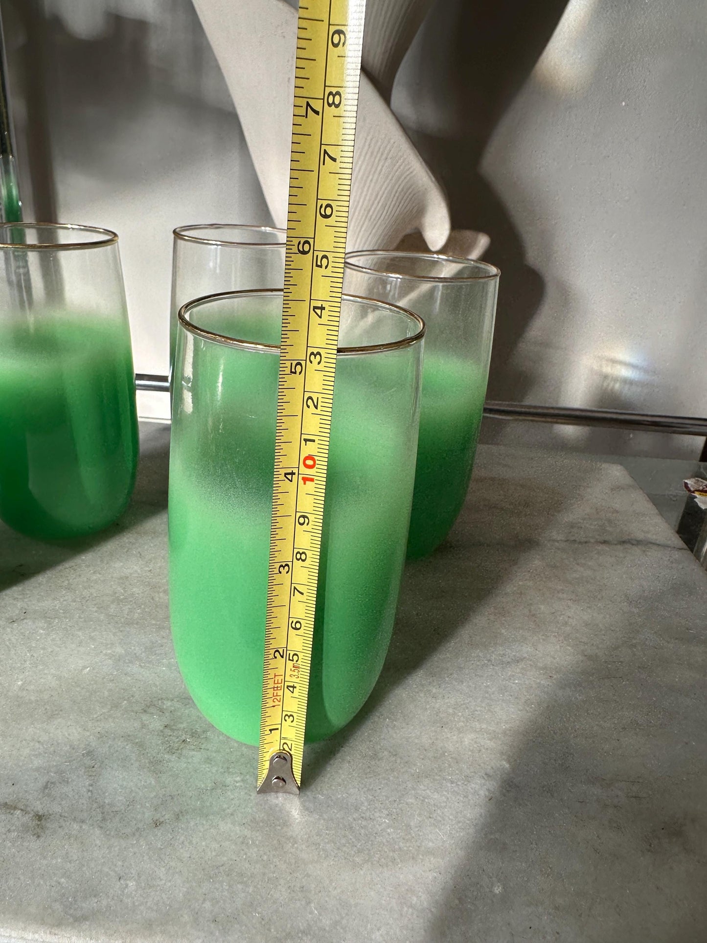Vintage Blendo Green Frosted Tumblers: Gold Rim Barware, Set of 5