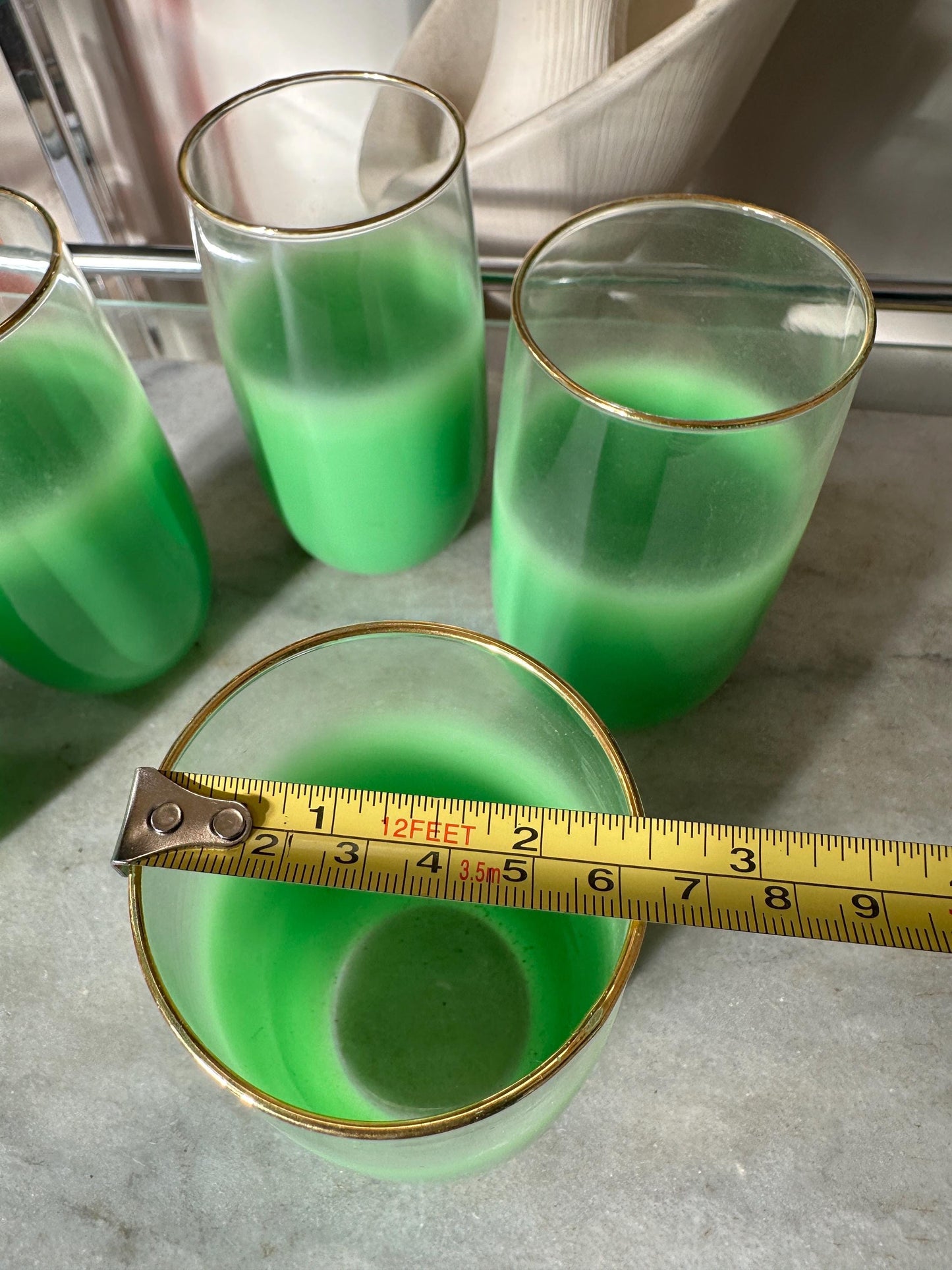 Vintage Blendo Green Frosted Tumblers: Gold Rim Barware, Set of 5