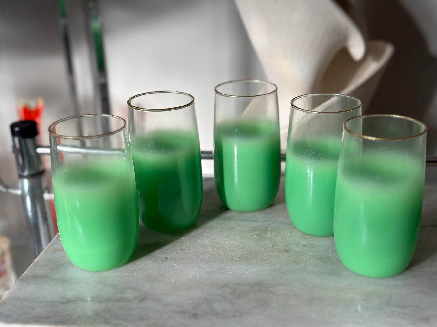 Vintage Blendo Green Frosted Tumblers: Gold Rim Barware, Set of 5