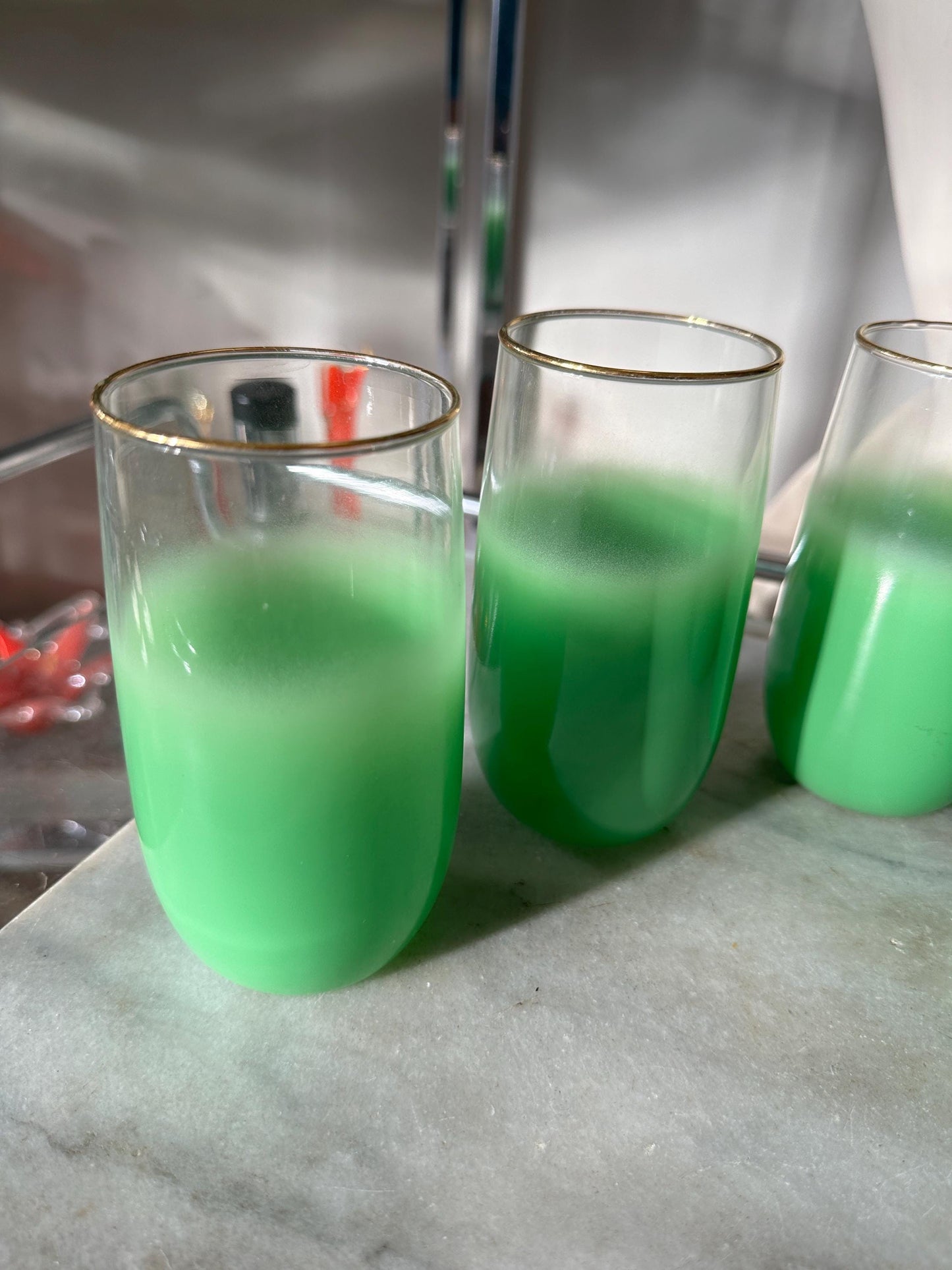 Vintage Blendo Green Frosted Tumblers: Gold Rim Barware, Set of 5