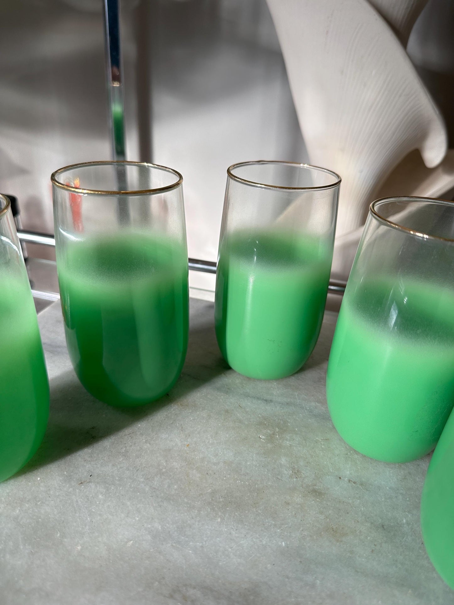 Vintage Blendo Green Frosted Tumblers: Gold Rim Barware, Set of 5
