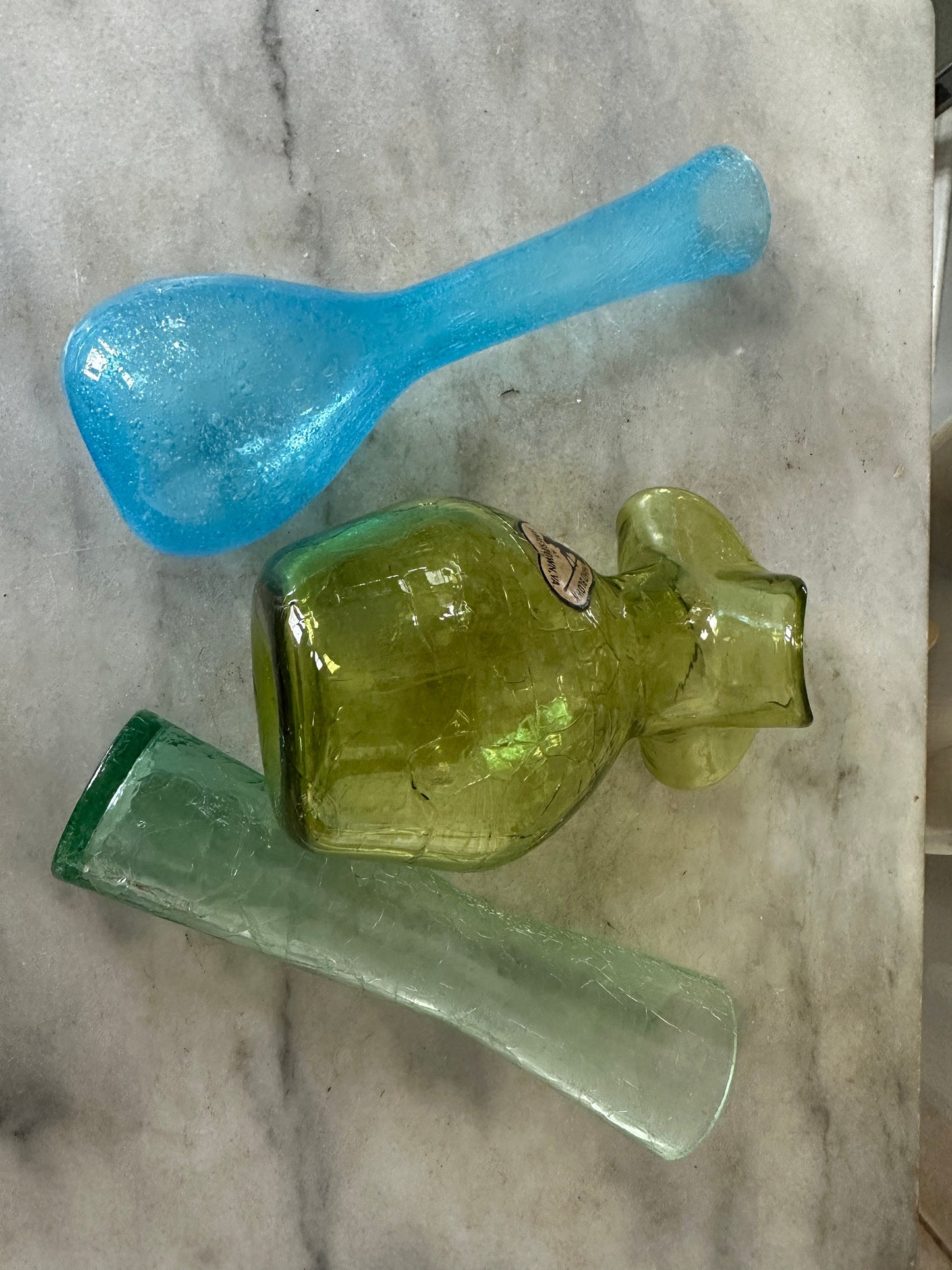 Vintage MCM Crackle Art Glass Vases: Hand Blown Jamestown VA Set