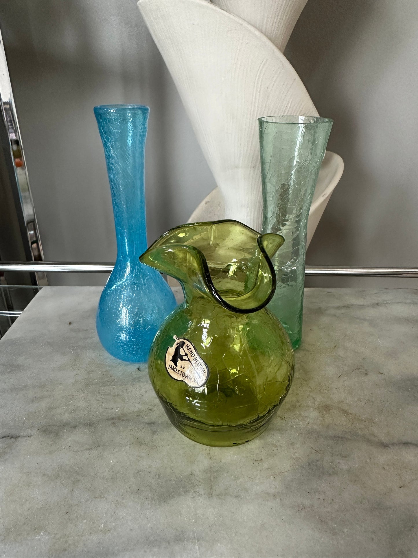 Vintage MCM Crackle Art Glass Vases: Hand Blown Jamestown VA Set