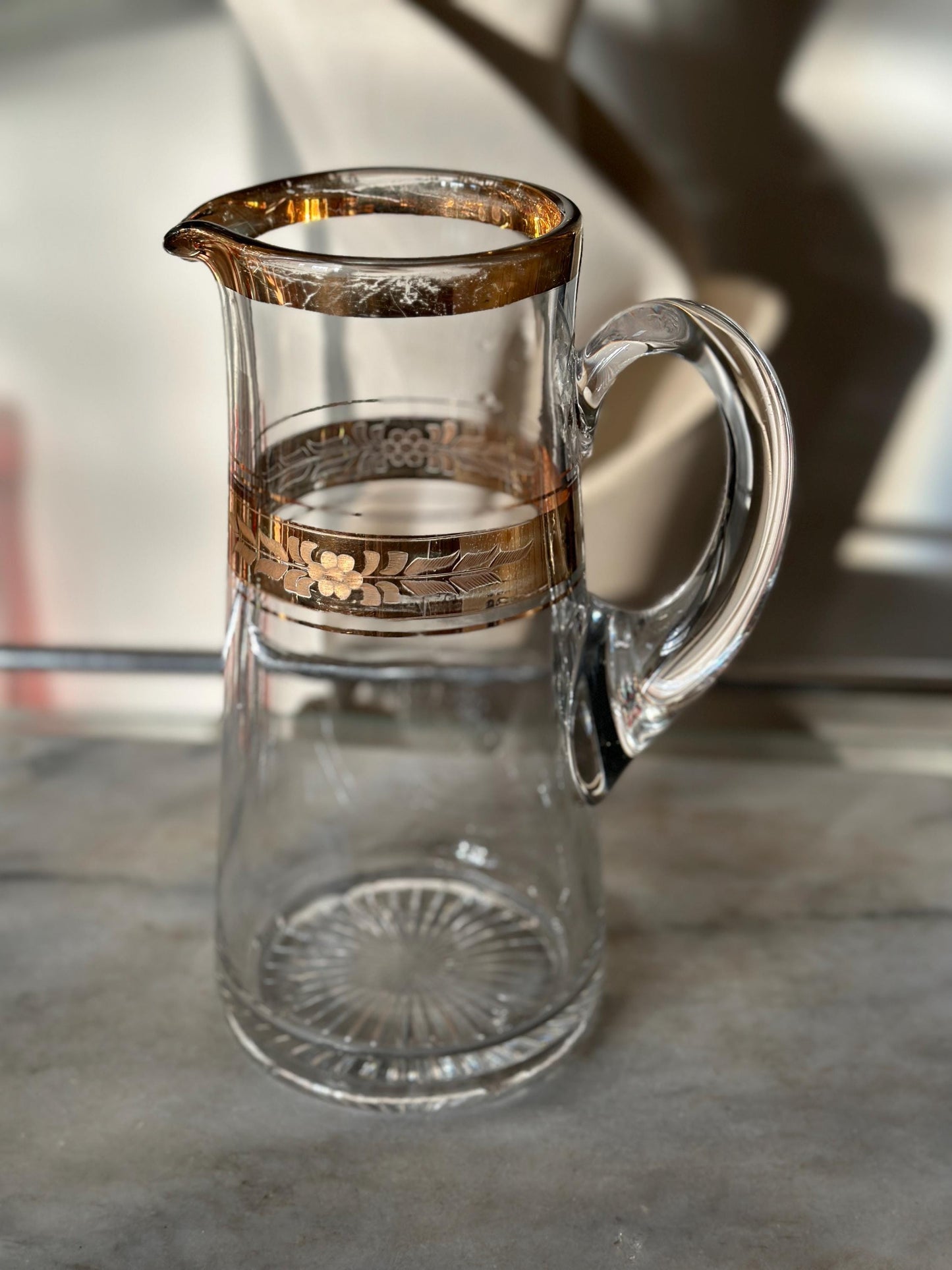 Vintage Mid-Century Etched Glass Pitcher: Gold Gilded Barware