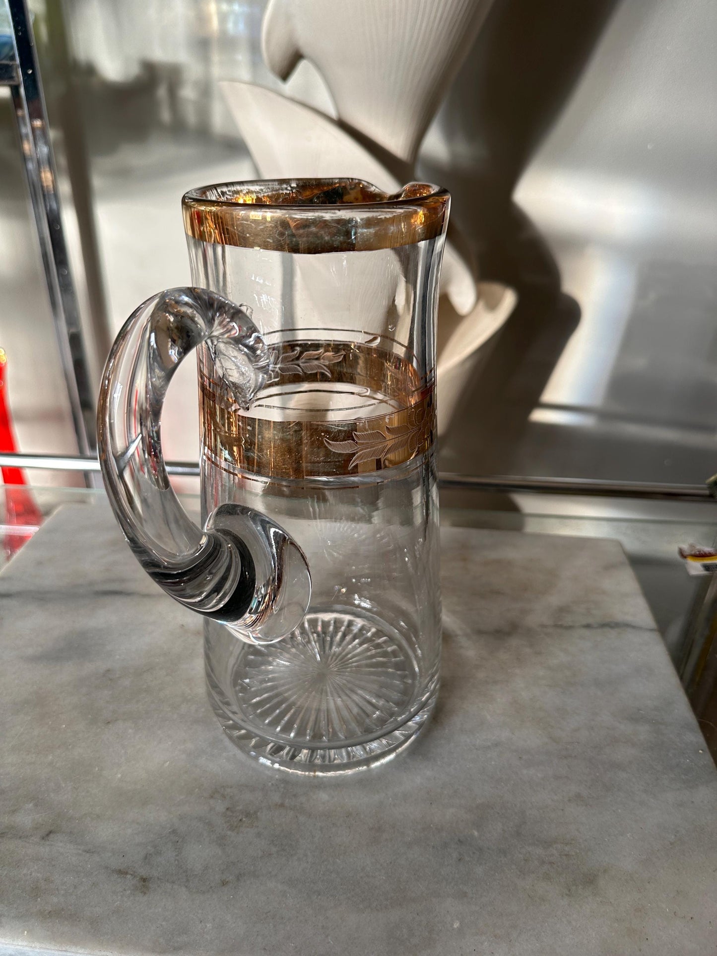 Vintage Mid-Century Etched Glass Pitcher: Gold Gilded Barware