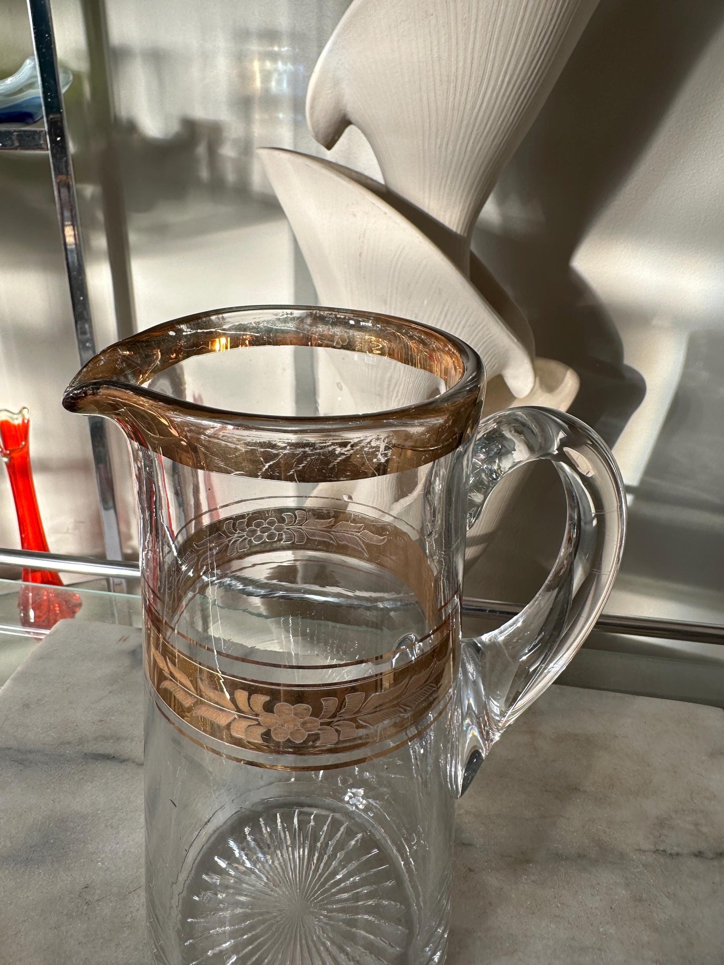 Vintage Mid-Century Etched Glass Pitcher: Gold Gilded Barware