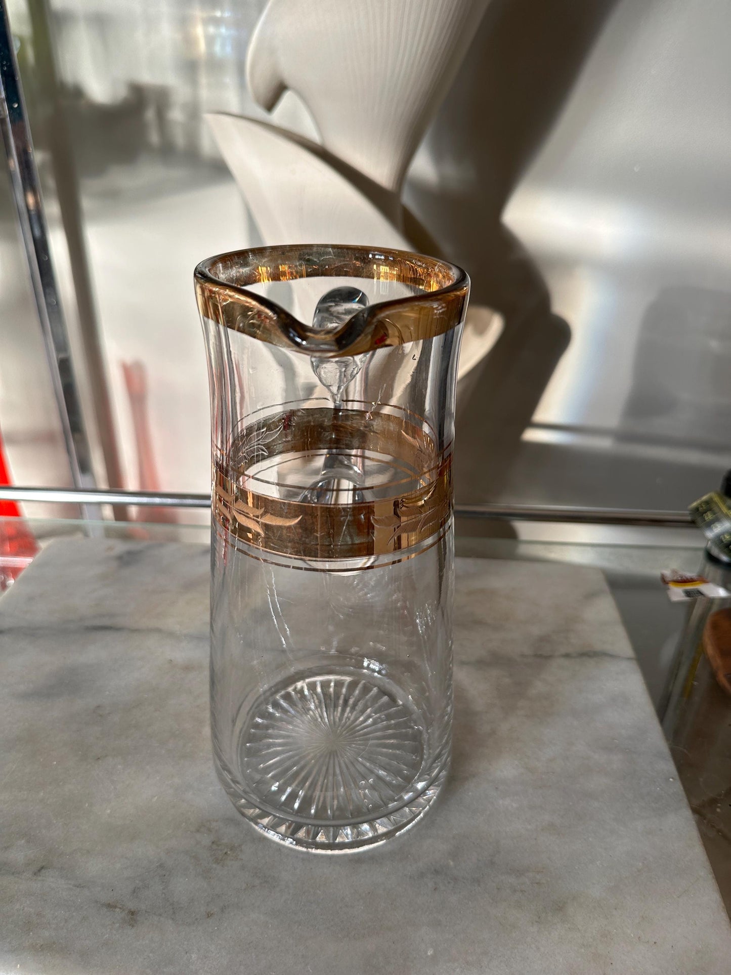 Vintage Mid-Century Etched Glass Pitcher: Gold Gilded Barware