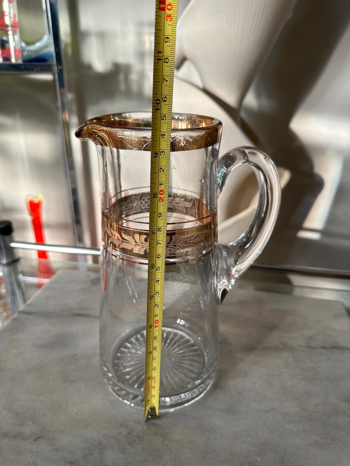 Vintage Mid-Century Etched Glass Pitcher: Gold Gilded Barware
