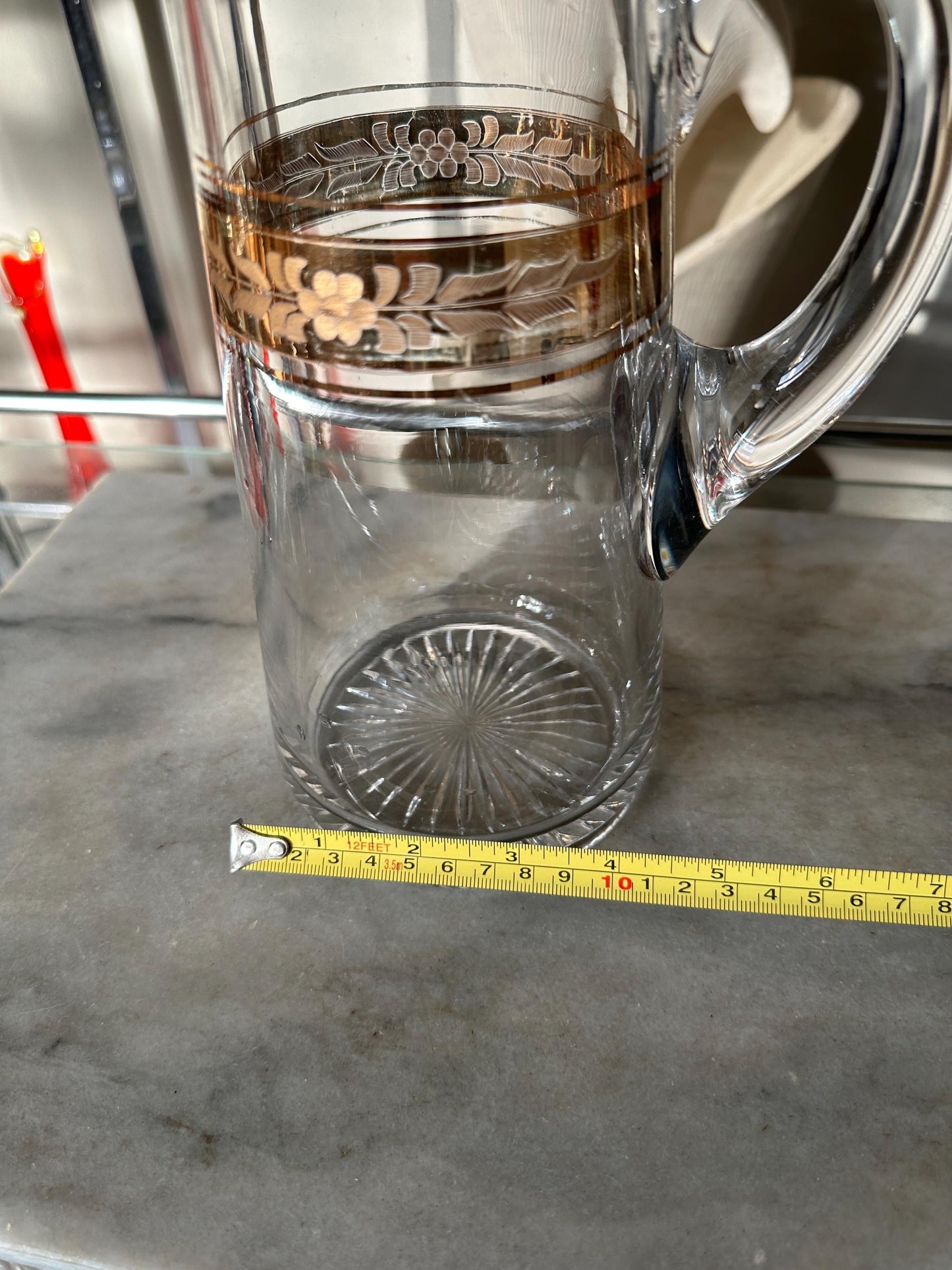 Vintage Mid-Century Etched Glass Pitcher: Gold Gilded Barware
