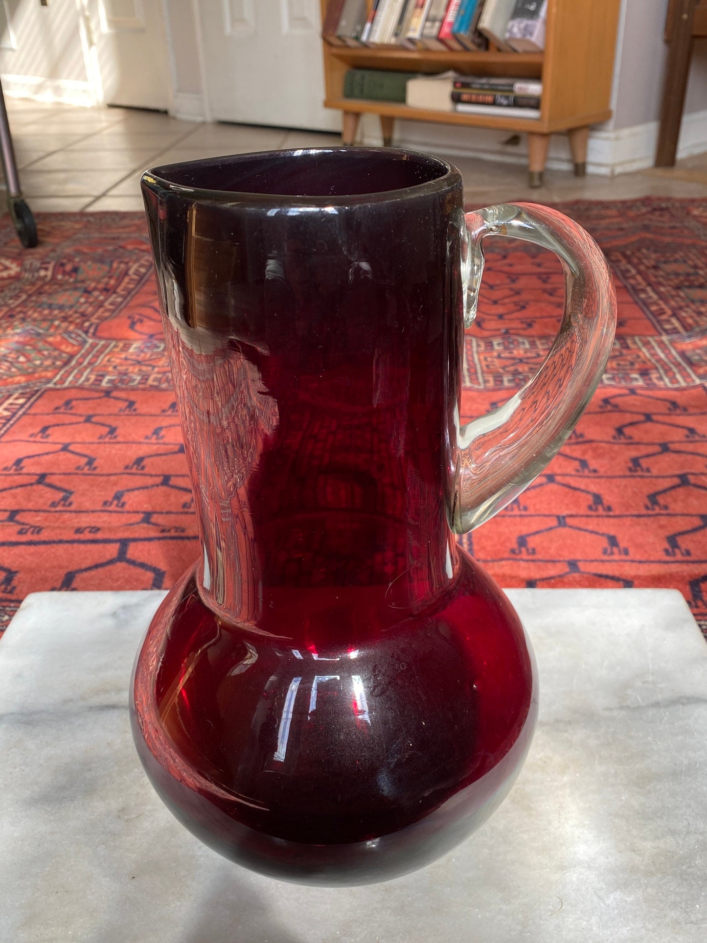 MCM hand Blown Red Glass Pitcher Set and 6 Hand Blown Red Glass Tumblers