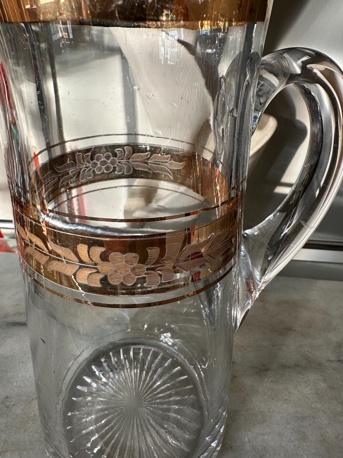 Vintage Mid-Century Etched Glass Pitcher: Gold Gilded Barware