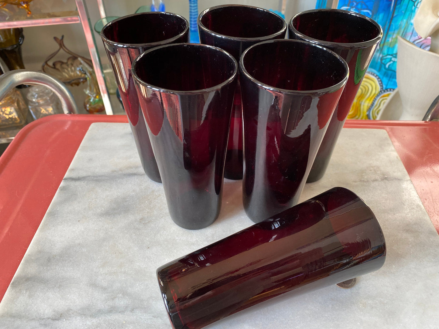 MCM hand Blown Red Glass Pitcher Set and 6 Hand Blown Red Glass Tumblers