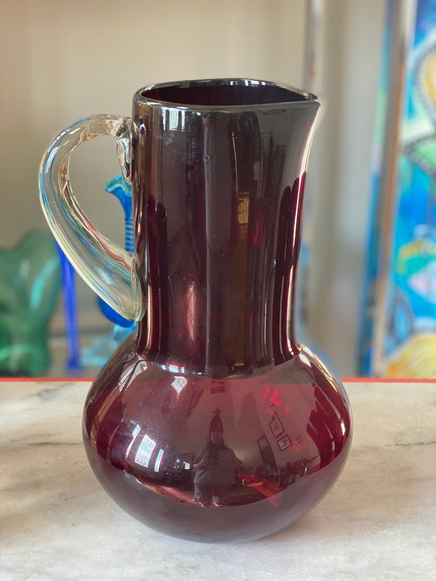 MCM hand Blown Red Glass Pitcher Set and 6 Hand Blown Red Glass Tumblers
