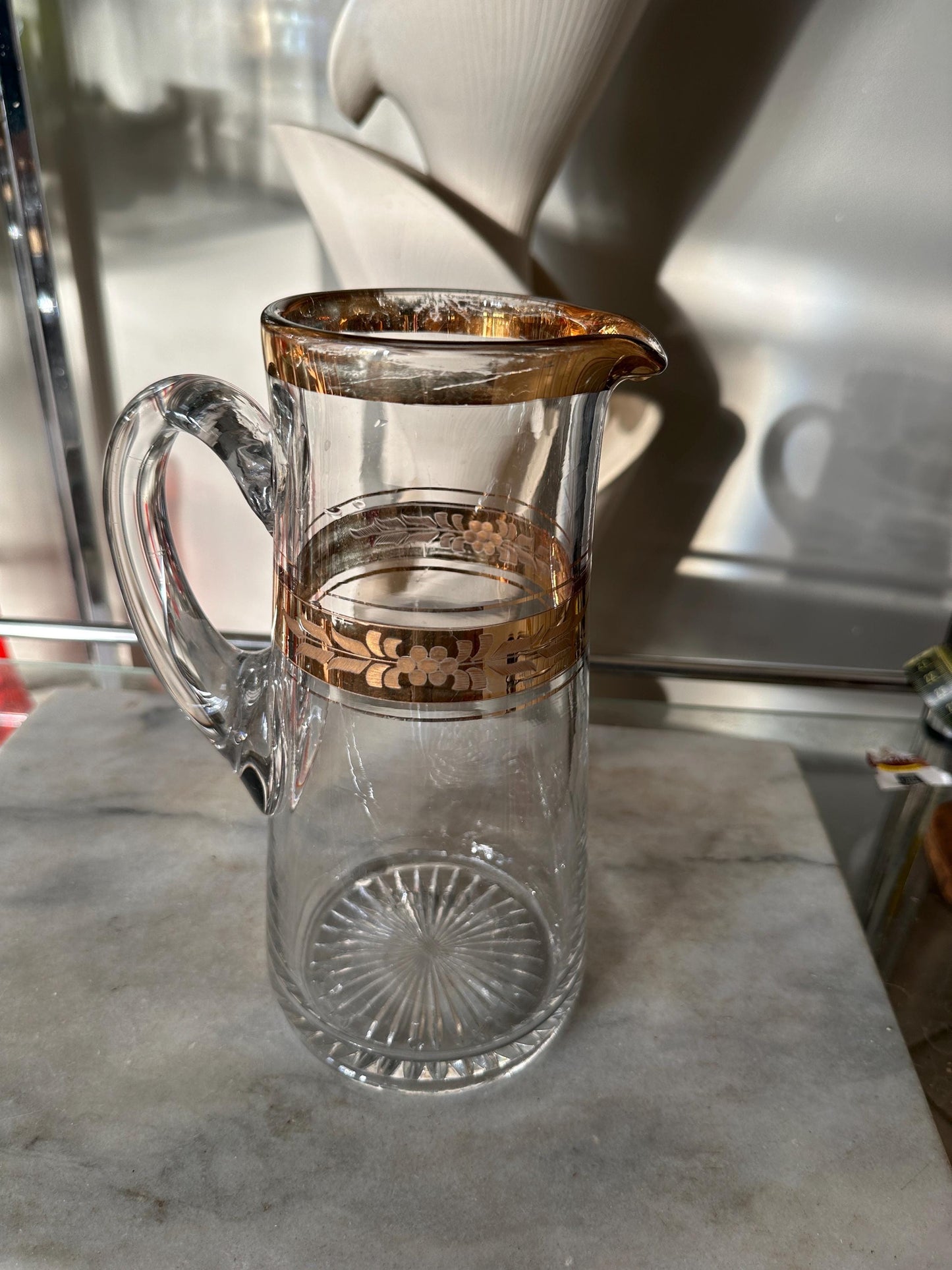 Vintage Mid-Century Etched Glass Pitcher: Gold Gilded Barware