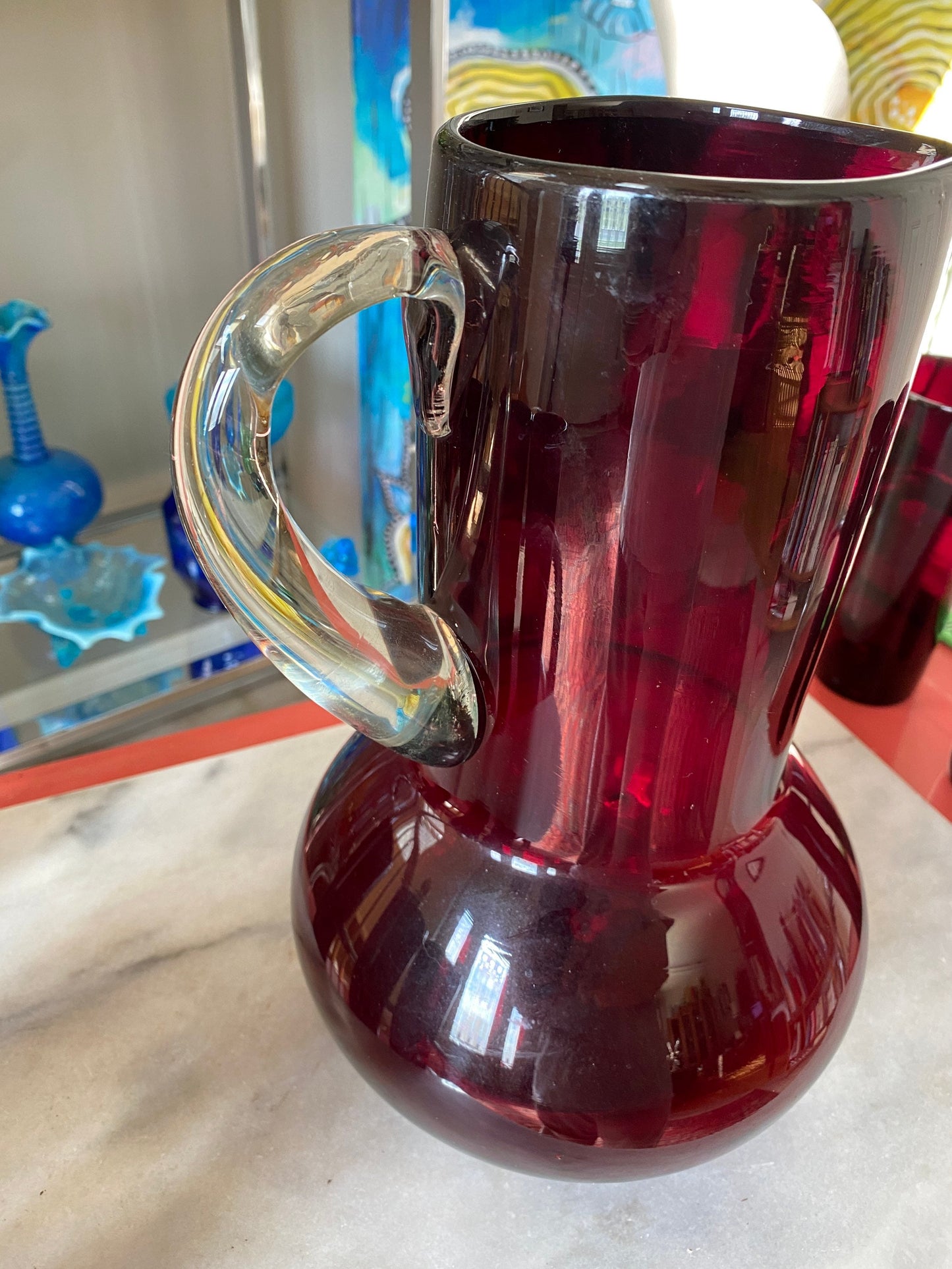 MCM hand Blown Red Glass Pitcher Set and 6 Hand Blown Red Glass Tumblers