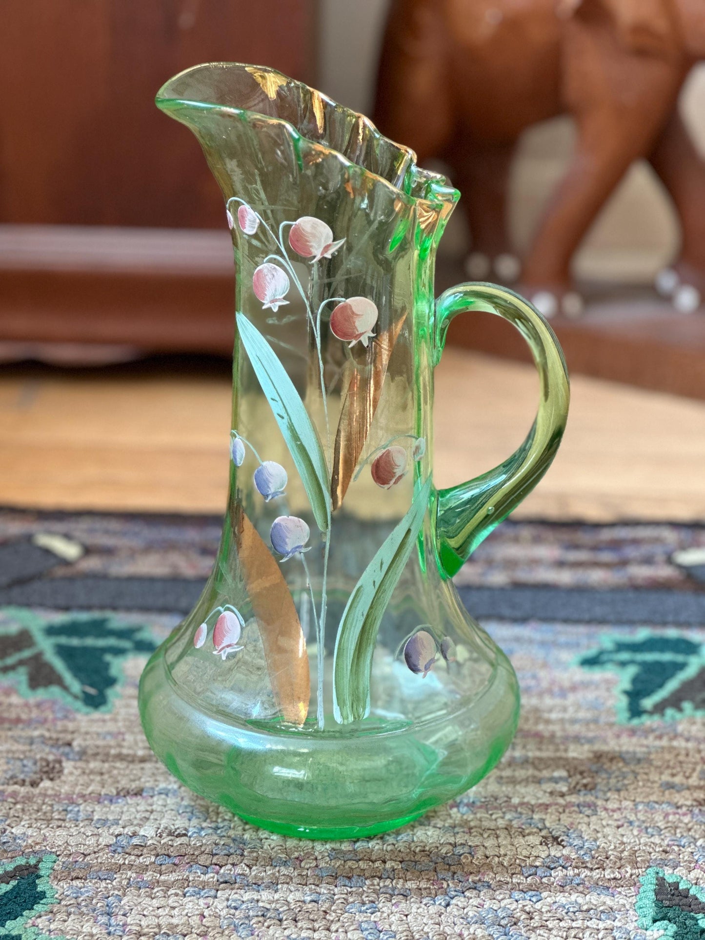 Dugan Glass Co Large Hand Blown Hand Painted Uranium Glass Pitcher Hand Painted Lily of the Valley With Ruffle Rim and Gold Gilt Accents