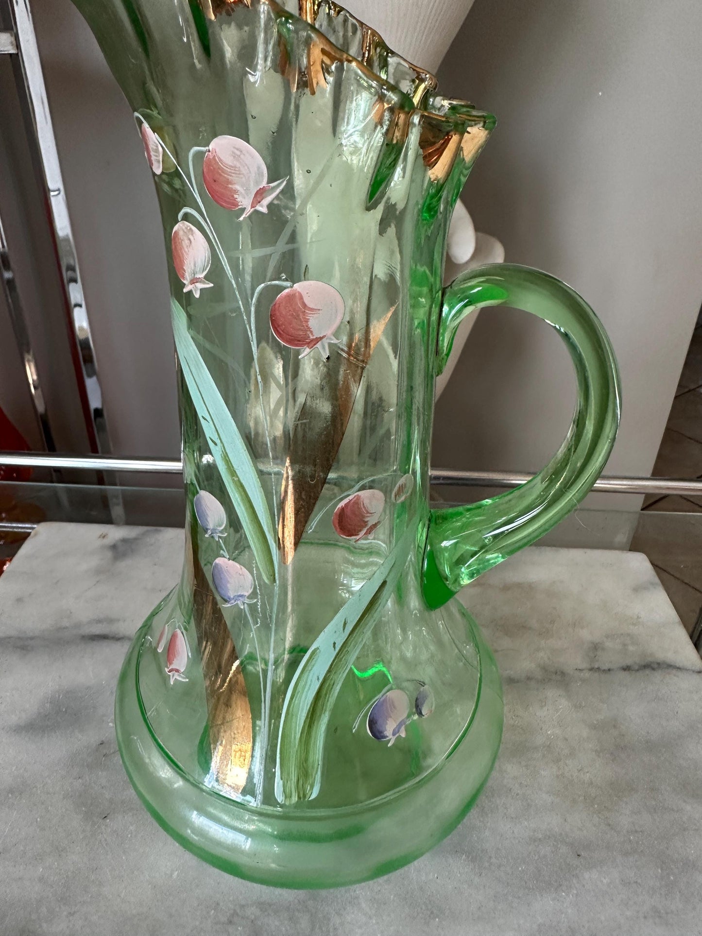 Dugan Glass Co Large Hand Blown Hand Painted Uranium Glass Pitcher Hand Painted Lily of the Valley With Ruffle Rim and Gold Gilt Accents
