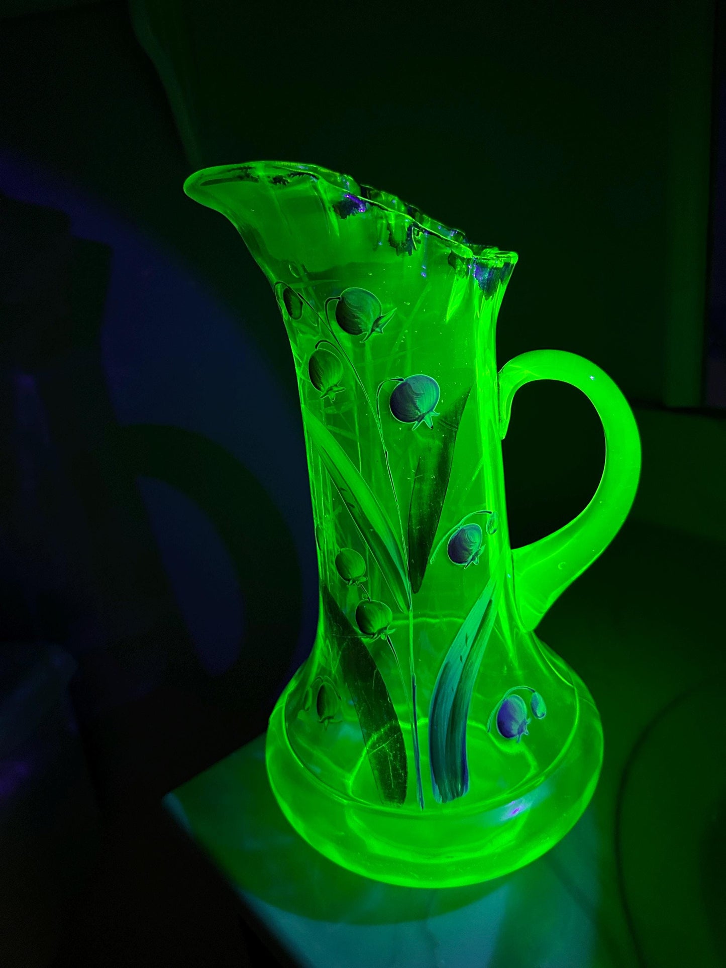 Dugan Glass Co Large Hand Blown Hand Painted Uranium Glass Pitcher Hand Painted Lily of the Valley With Ruffle Rim and Gold Gilt Accents