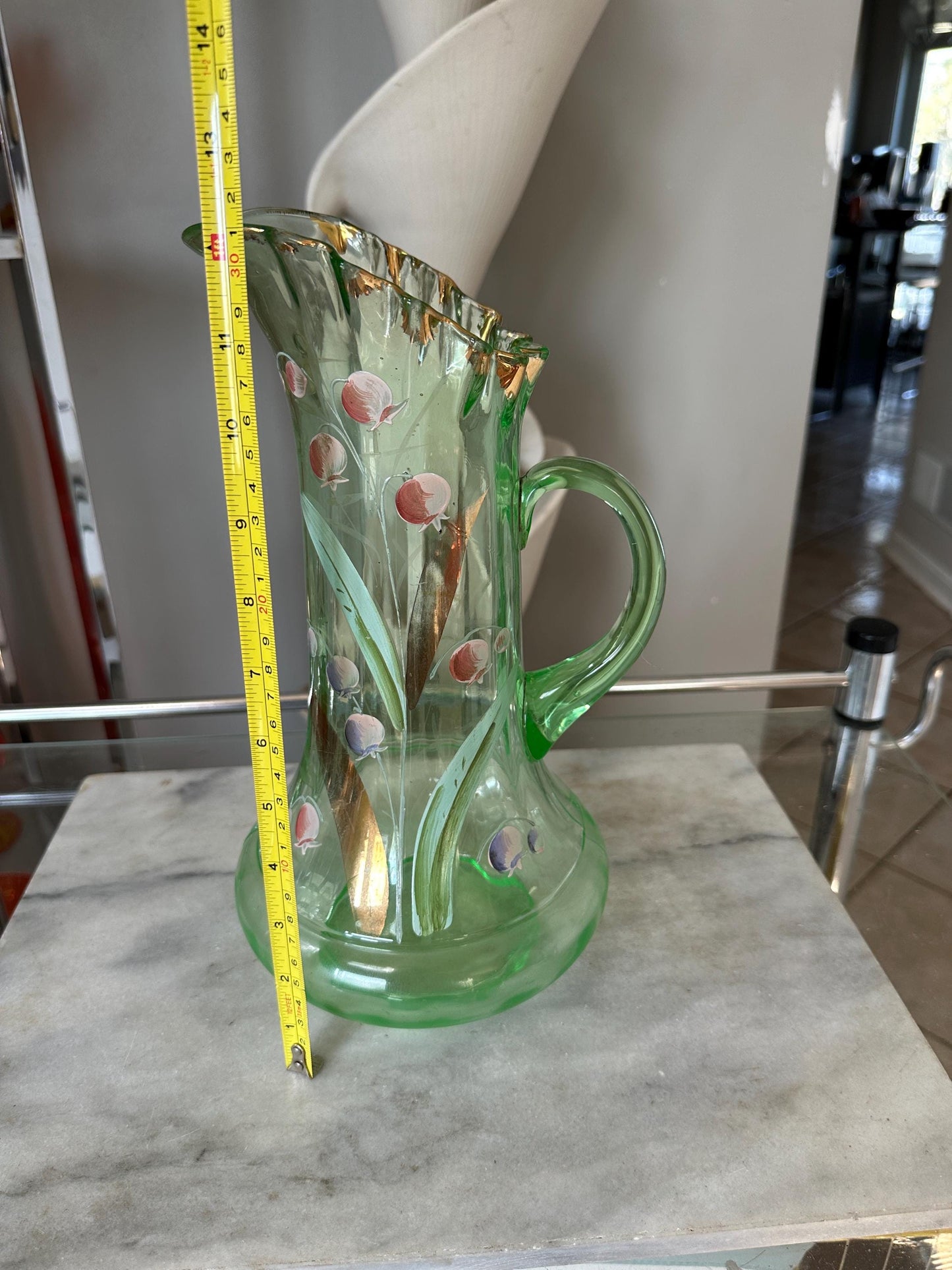 Dugan Glass Co Large Hand Blown Hand Painted Uranium Glass Pitcher Hand Painted Lily of the Valley With Ruffle Rim and Gold Gilt Accents