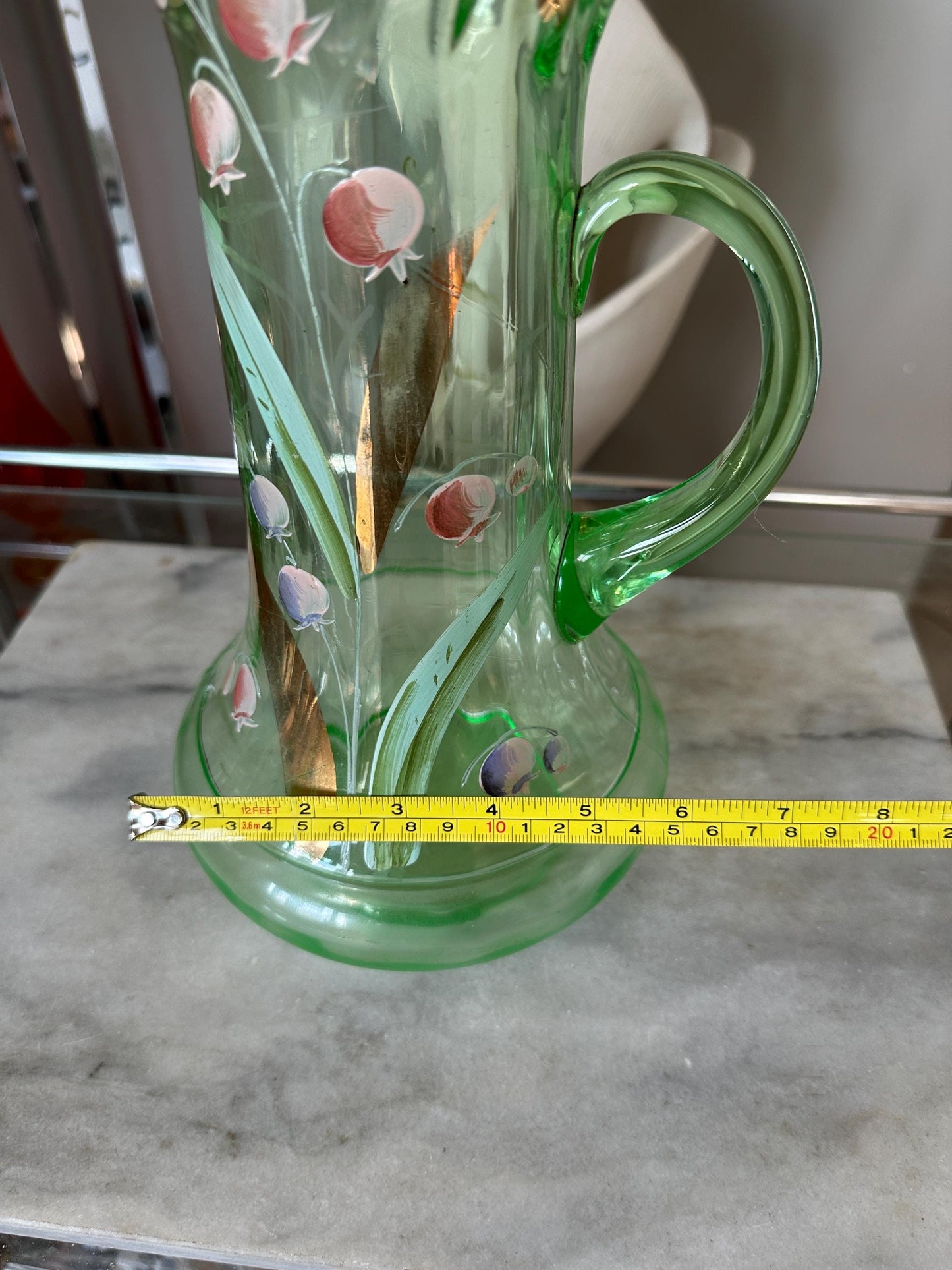 Dugan Glass Co Large Hand Blown Hand Painted Uranium Glass Pitcher Hand Painted Lily of the Valley With Ruffle Rim and Gold Gilt Accents