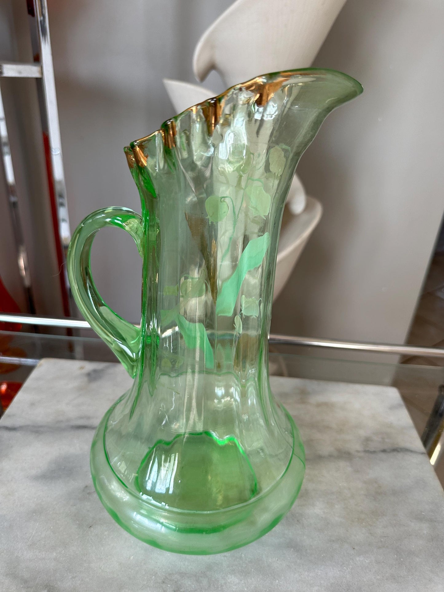 Dugan Glass Co Large Hand Blown Hand Painted Uranium Glass Pitcher Hand Painted Lily of the Valley With Ruffle Rim and Gold Gilt Accents