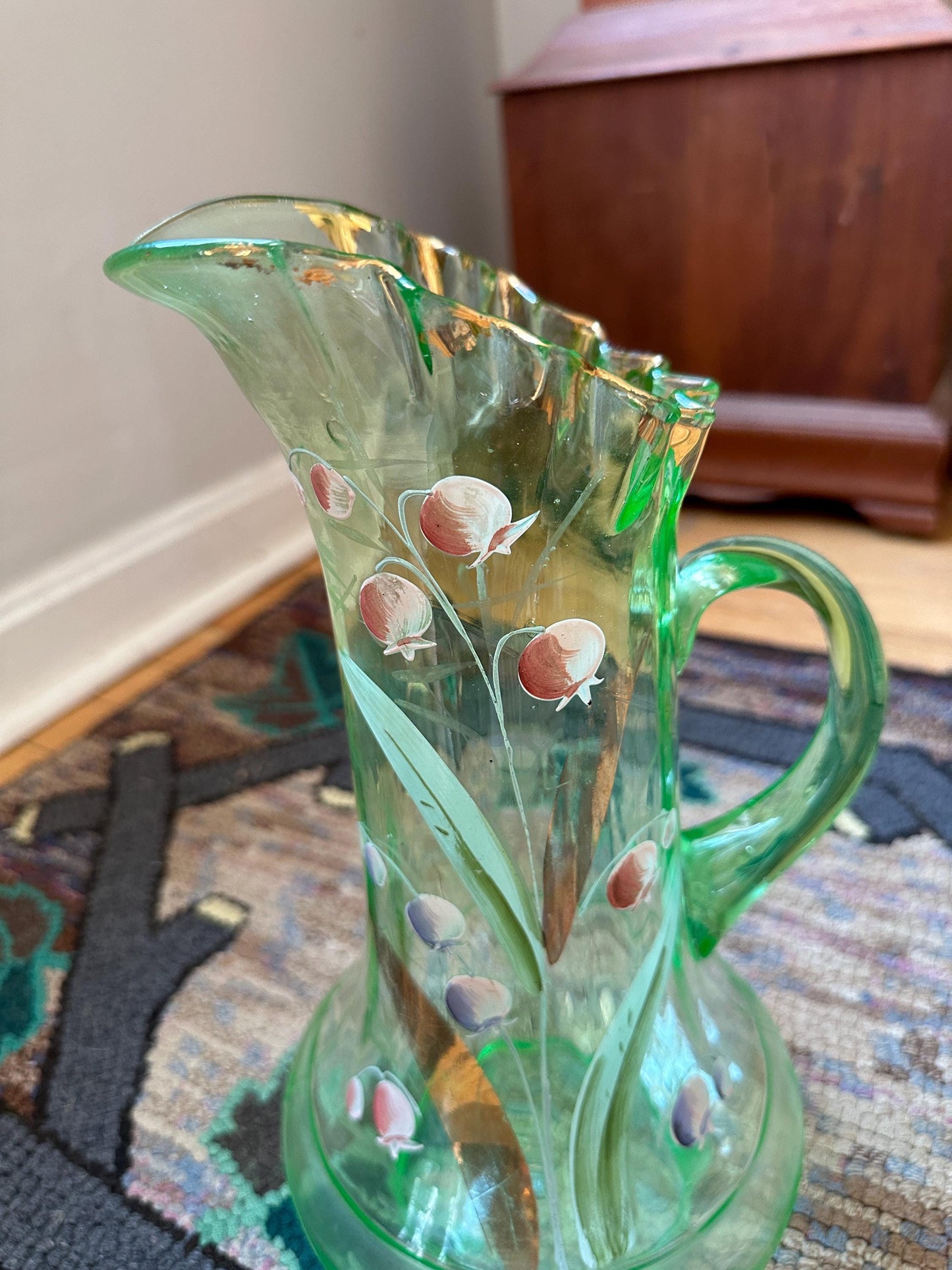 Dugan Glass Co Large Hand Blown Hand Painted Uranium Glass Pitcher Hand Painted Lily of the Valley With Ruffle Rim and Gold Gilt Accents